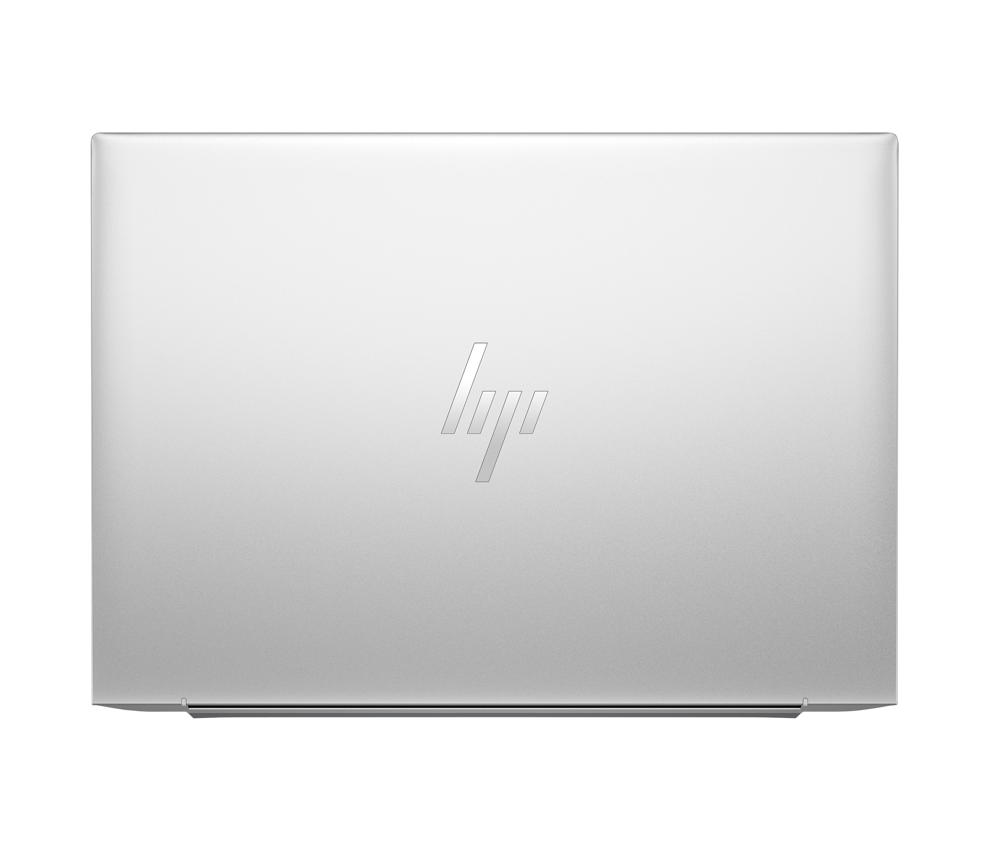 Srebrna pokrywa laptopa z logo HP pośrodku. Tło jest białe.
