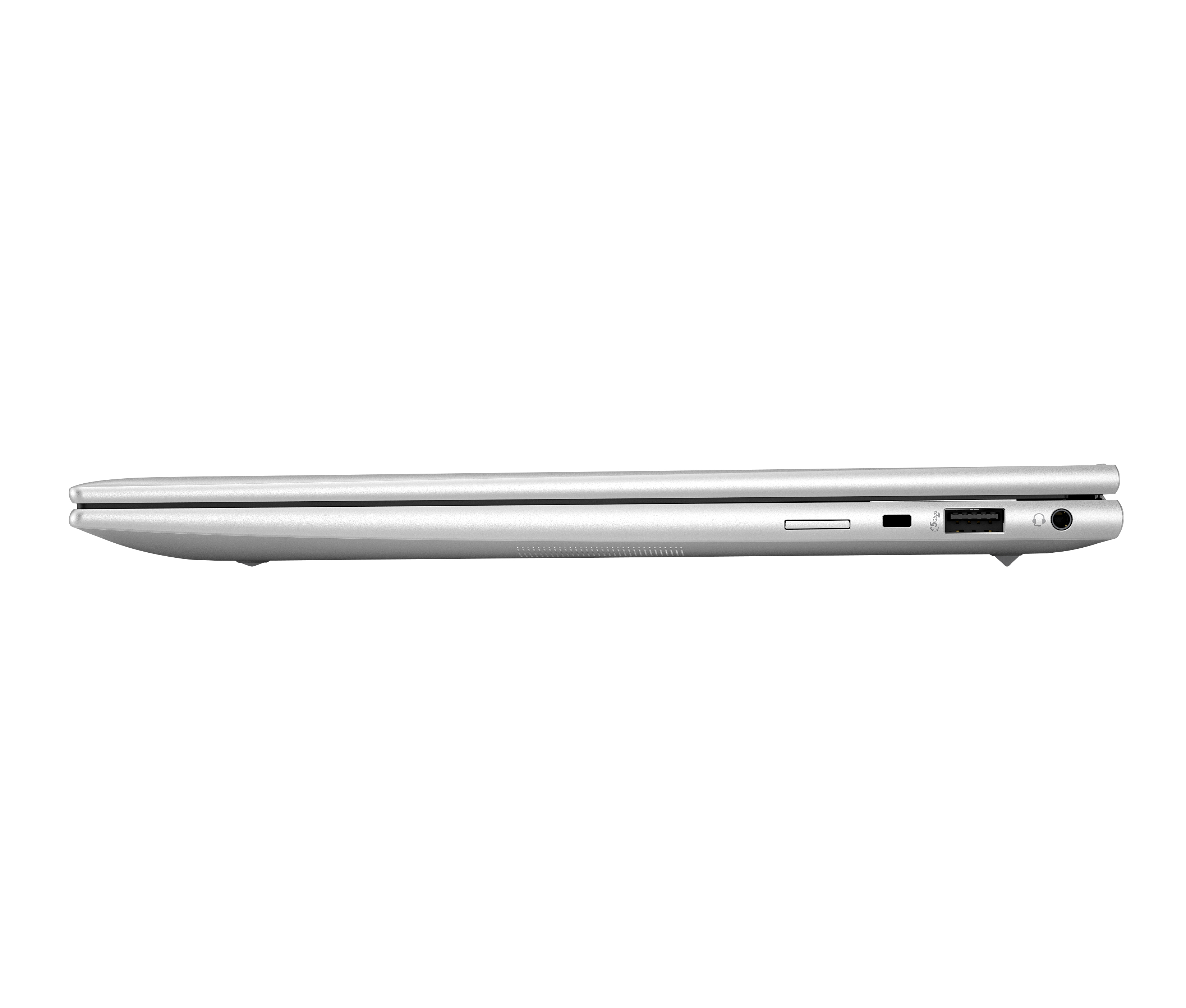 Widok z boku srebrnego laptopa. Pokazuje porty USB, słuchawki i kartę SD. Białe tło.