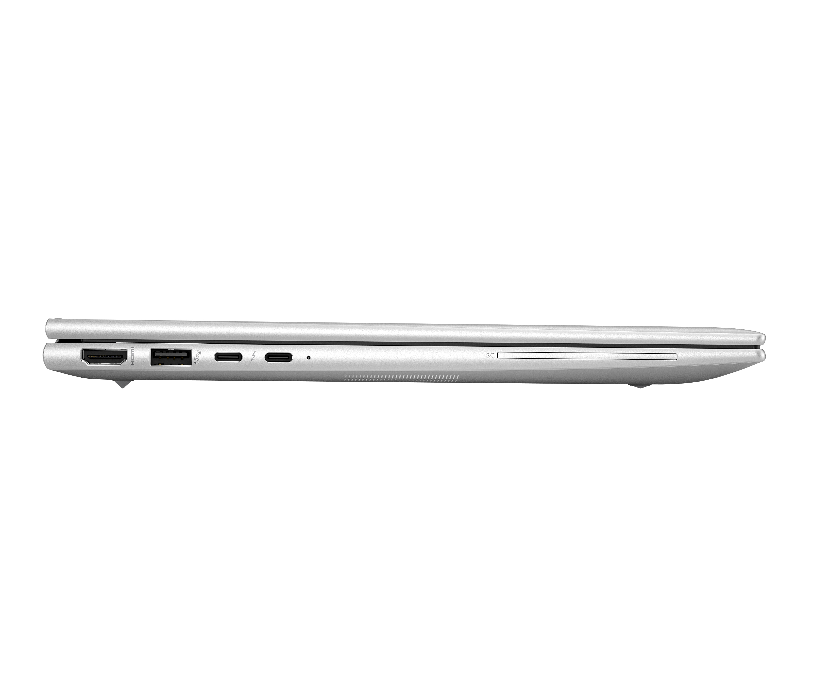 Widok z boku srebrnego laptopa. Porty obejmują HDMI, USB i USB-C. Laptop jest zamknięty.