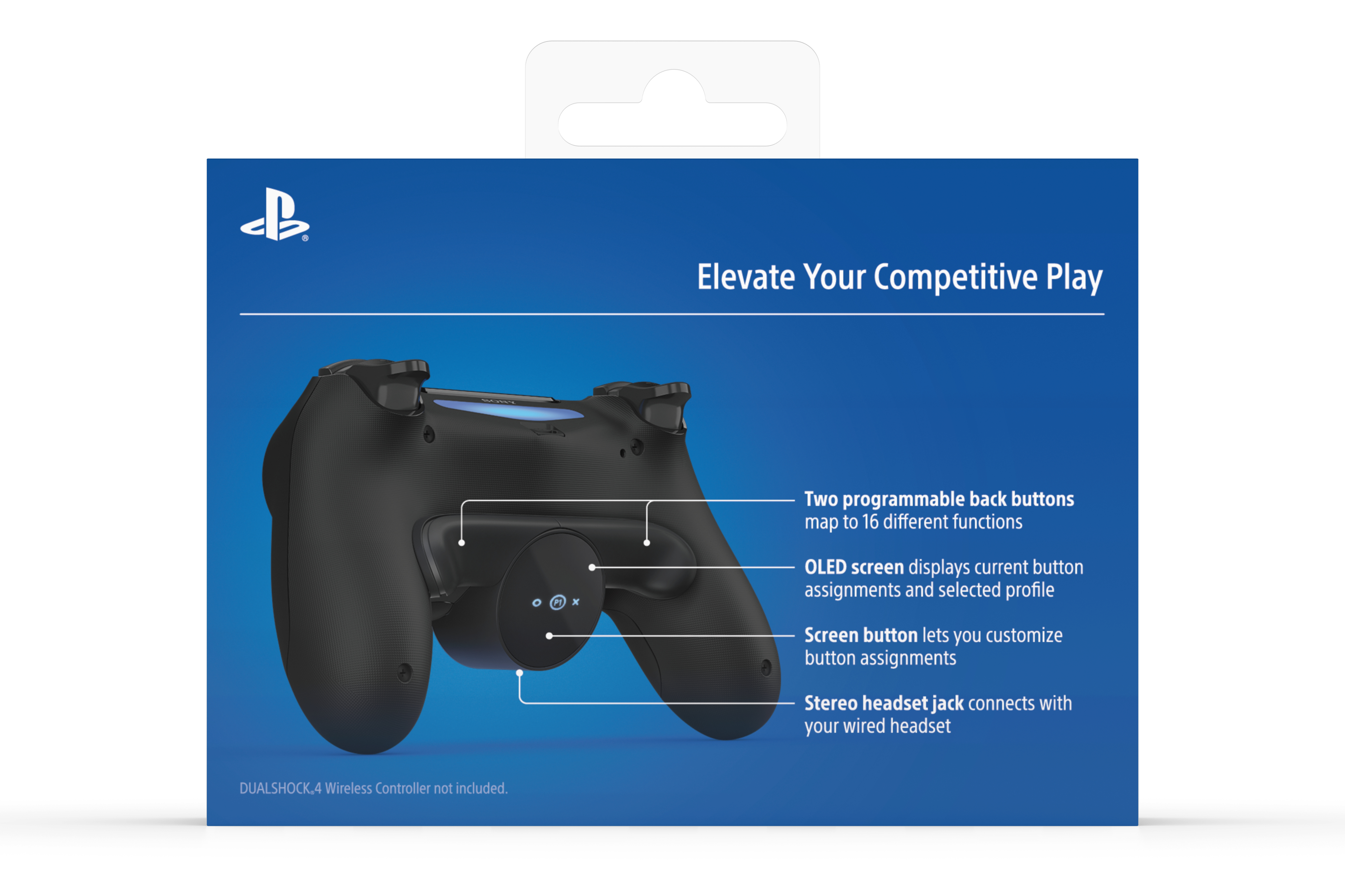 Schwarzer PlayStation-Controller auf blauem Grund. Merkmale sind Rücktasten, ein OLED-Bildschirm und ein Headset-Anschluss.