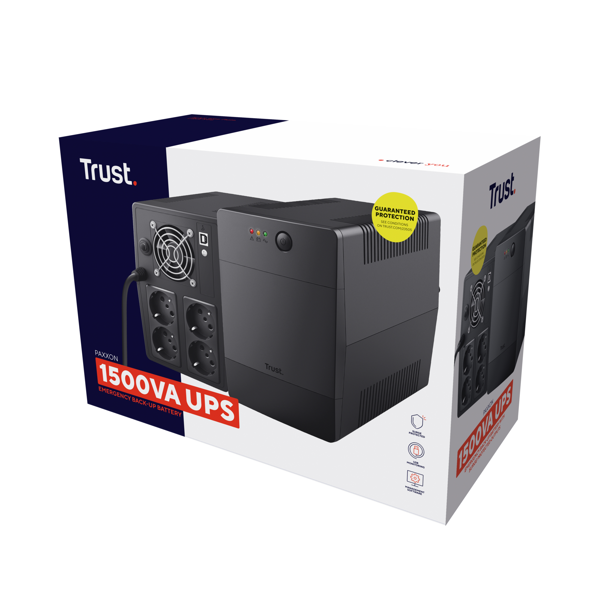 Un SAI Trust Paxxon 1500VA en una caja. Tiene múltiples enchufes, botones y luces.