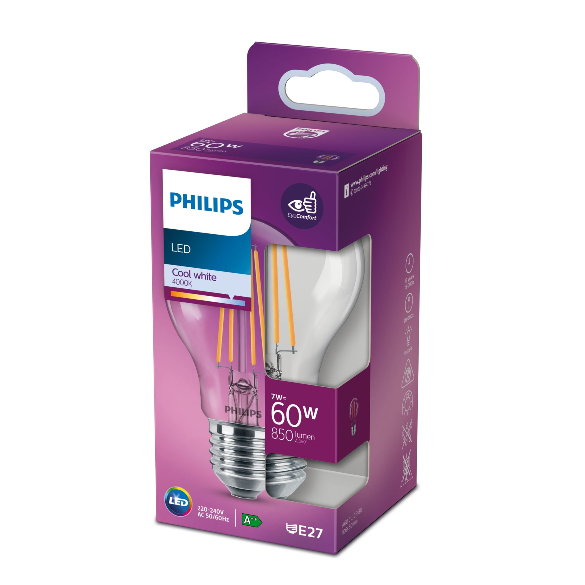 Eine Philips LED-Glühbirne in einer lila Schachtel. Merkmale sind 60W, 850 Lumen, kaltweiß und E27-Sockel.