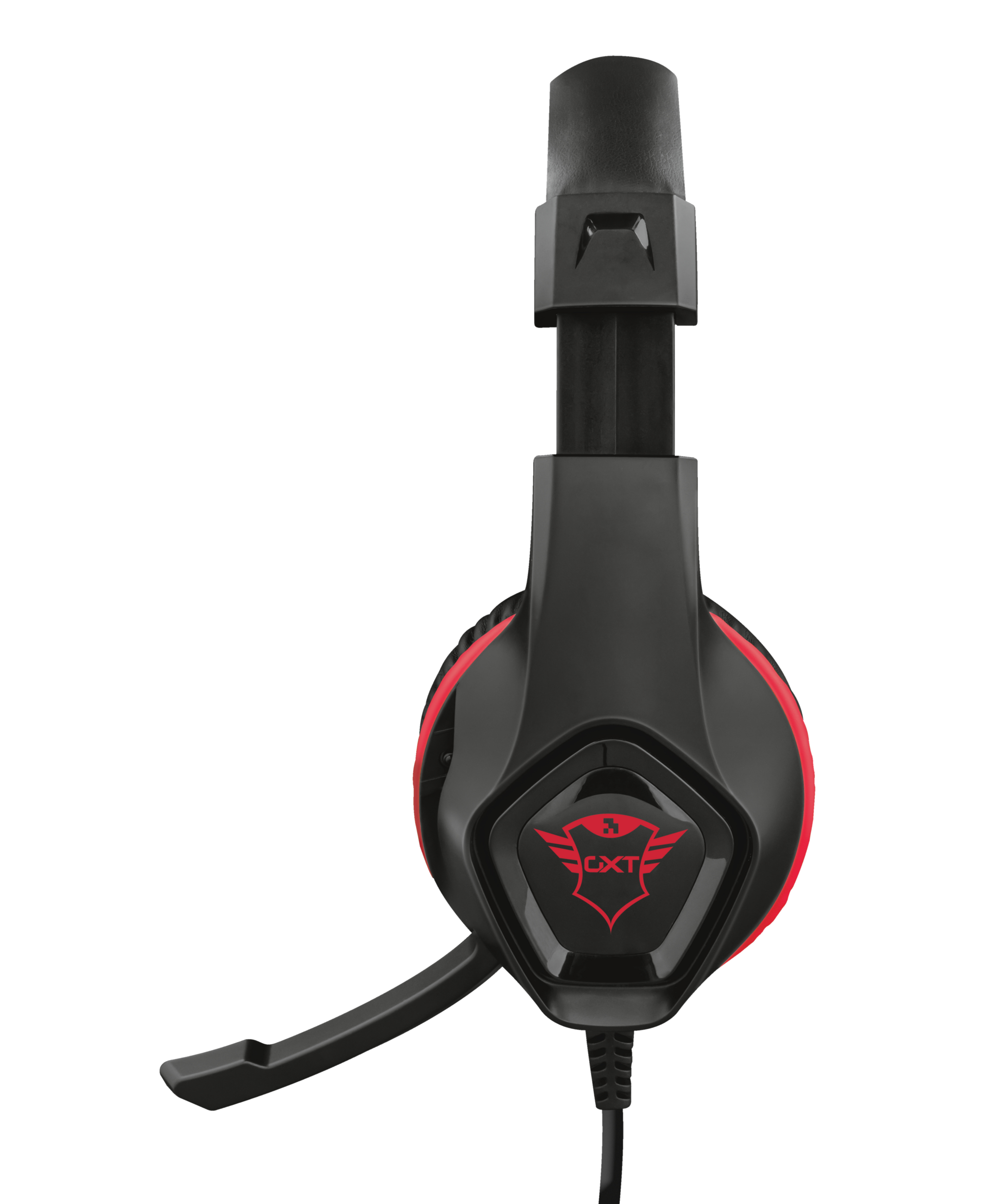 Auriculares gaming negros y rojos con micrófono. El logotipo CXT es visible en la orejera. Fondo blanco.