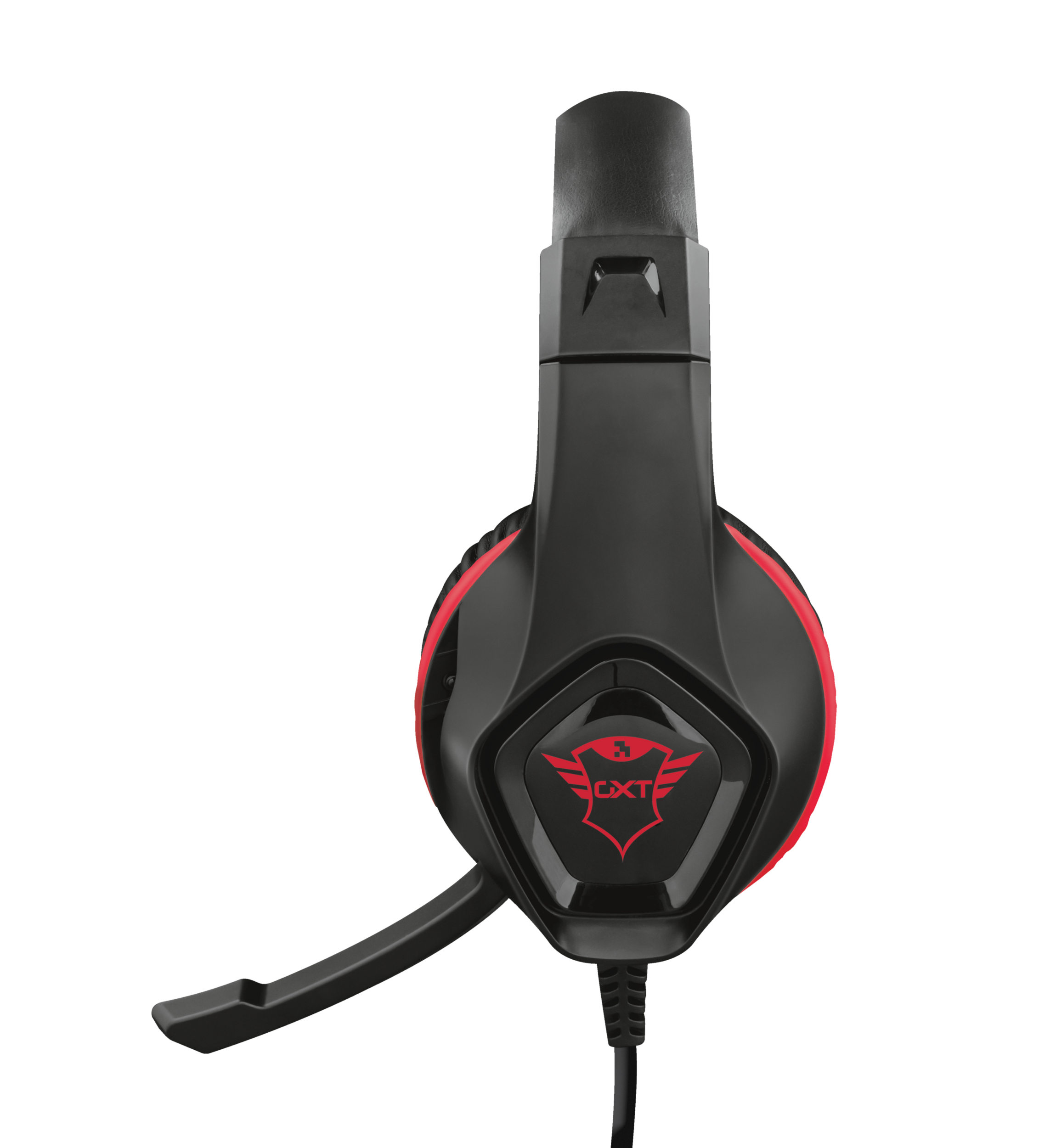 Auriculares para juegos negros y rojos con micrófono. Los auriculares tienen el logotipo de Trust GXT. Está sobre un fondo blanco.