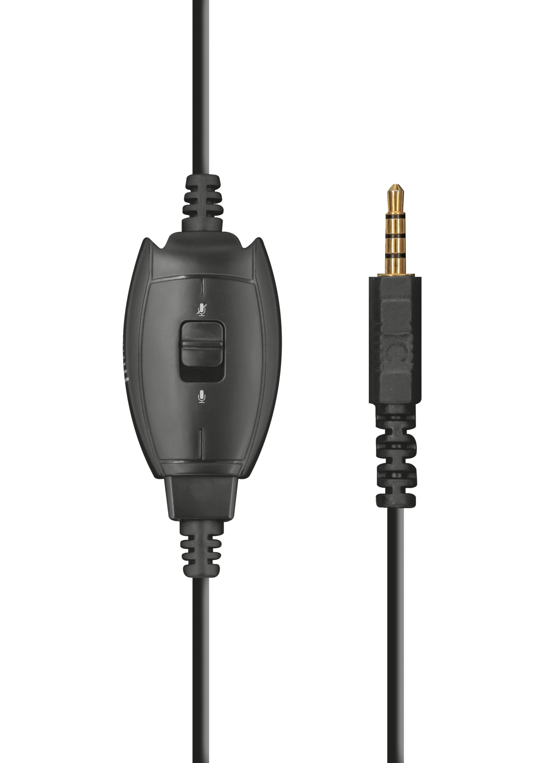 Un cable de auriculares negro con control de volumen y conector de audio dorado sobre fondo blanco.