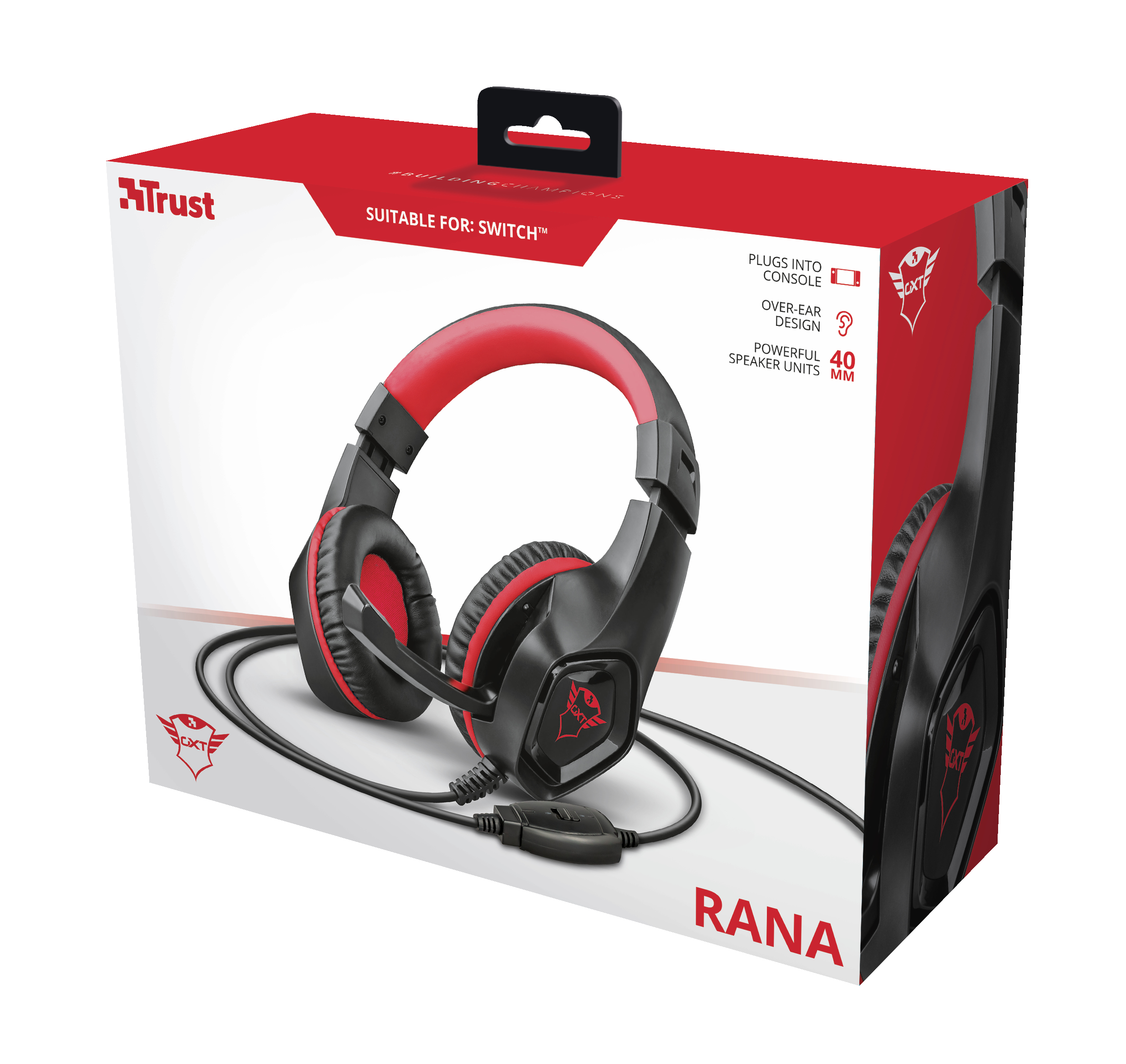 Auriculares en una caja. La caja es roja y blanca. Los auriculares son negros y rojos. La marca es Trust.