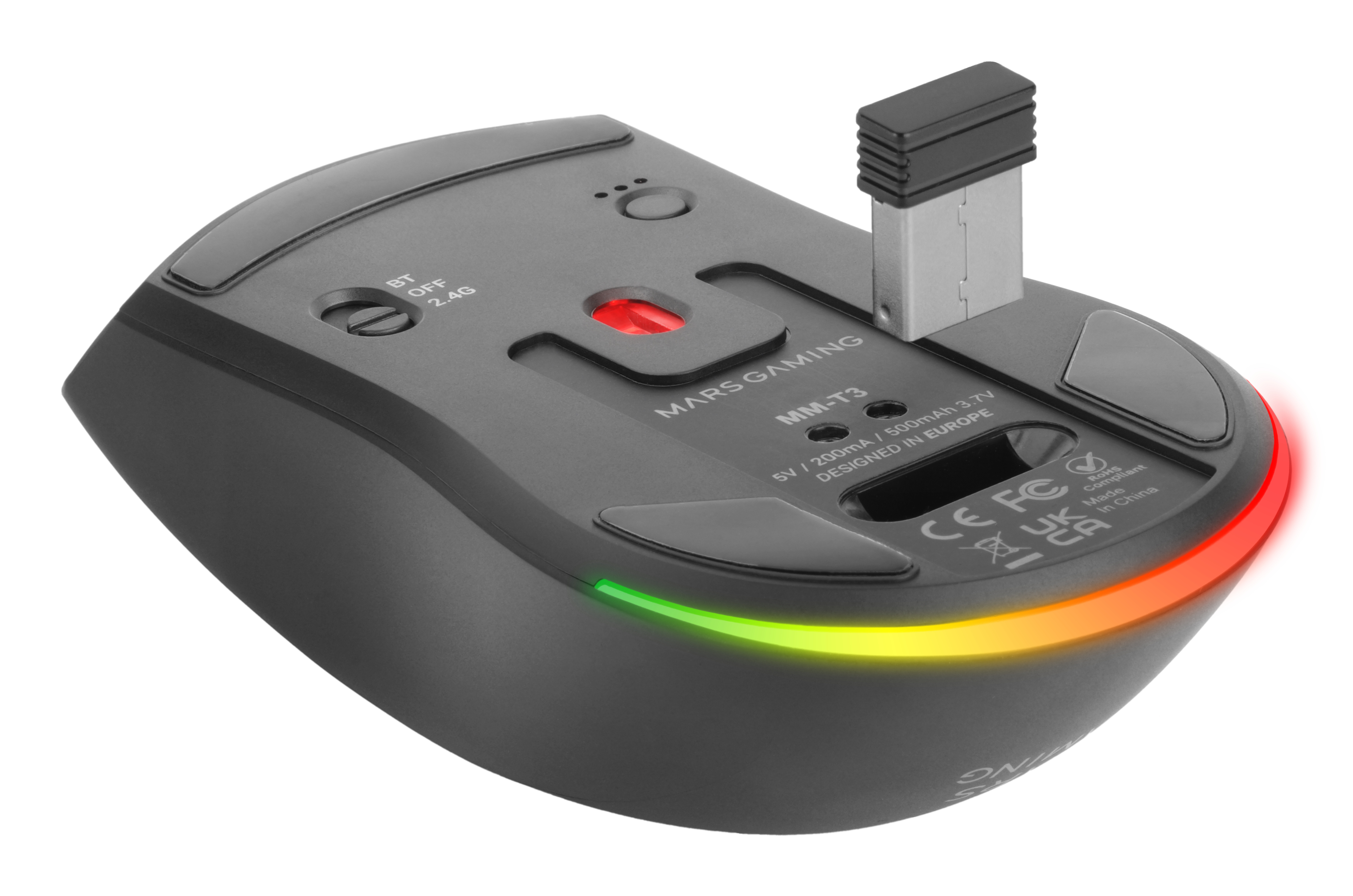 Czarna mysz Mars Gaming MM-T3 z kluczem USB. Posiada oświetlenie RGB i przyciski sterujące.
