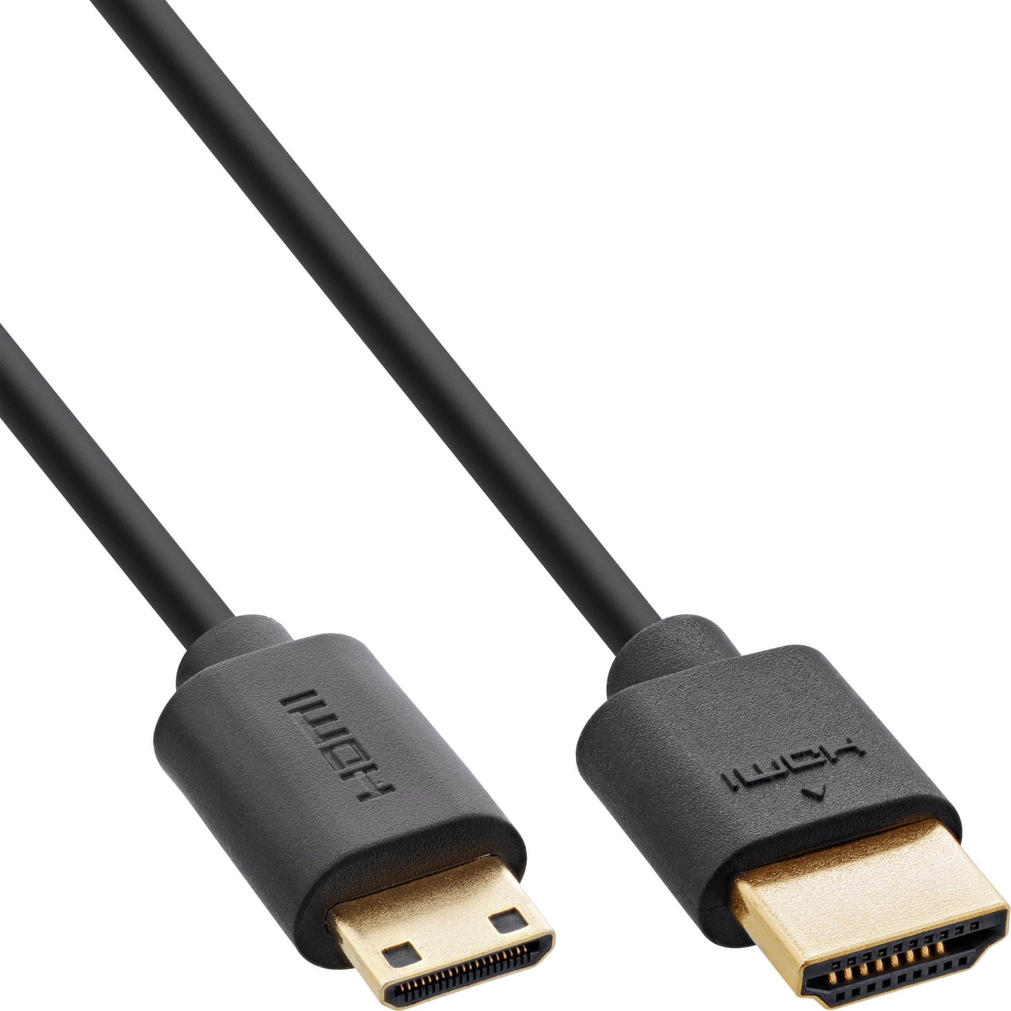 Schwarzes HDMI-Kabel auf weißem Hintergrund. Anschlüsse sind schwarz mit goldfarbenen Pins. Das Kabel ist abgewinkelt.