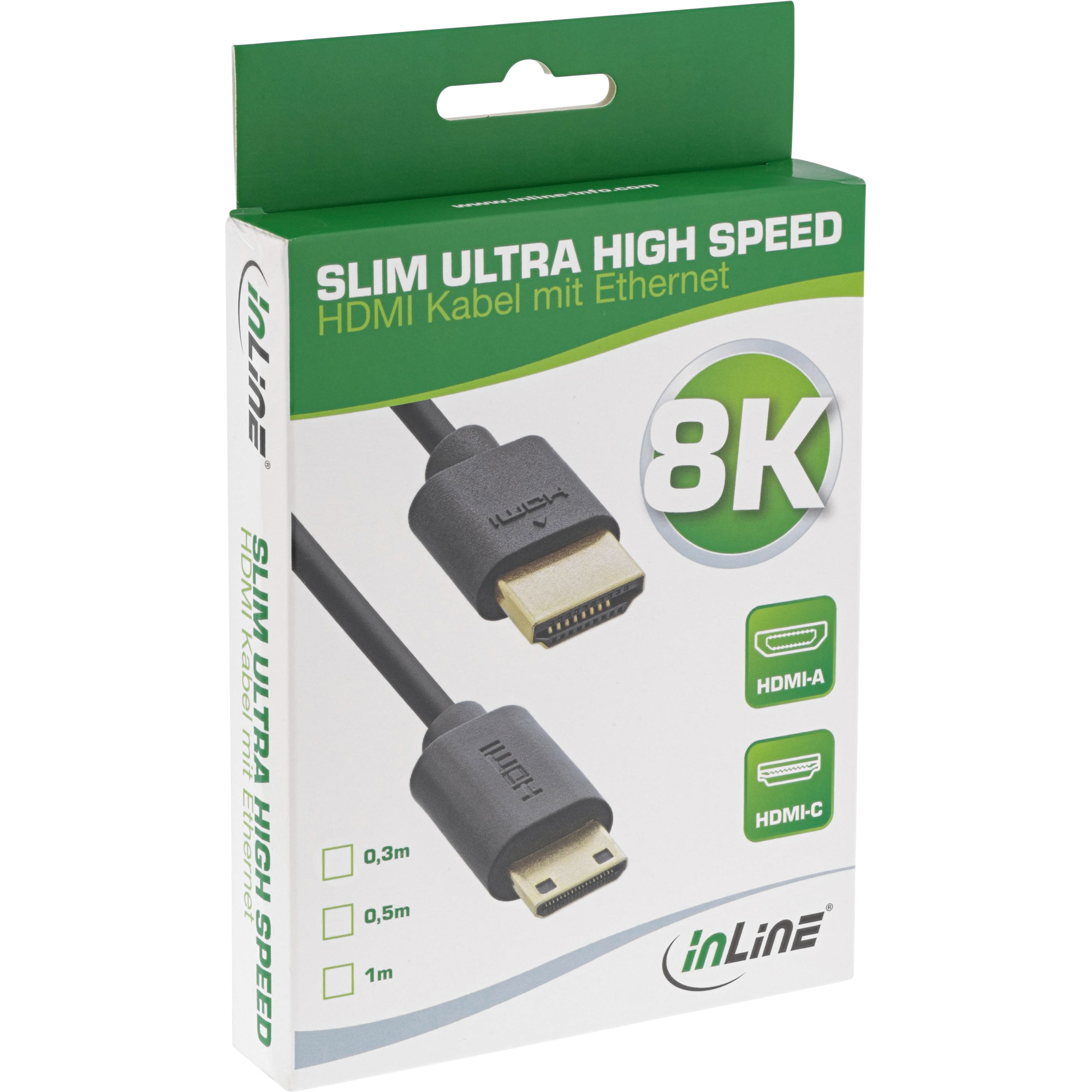 Eine Schachtel mit einem HDMI-Kabel, beschriftet mit 'Slim Ultra High Speed'. Die Schachtel ist grün und weiß, mit dem Markennamen 'inLine'.