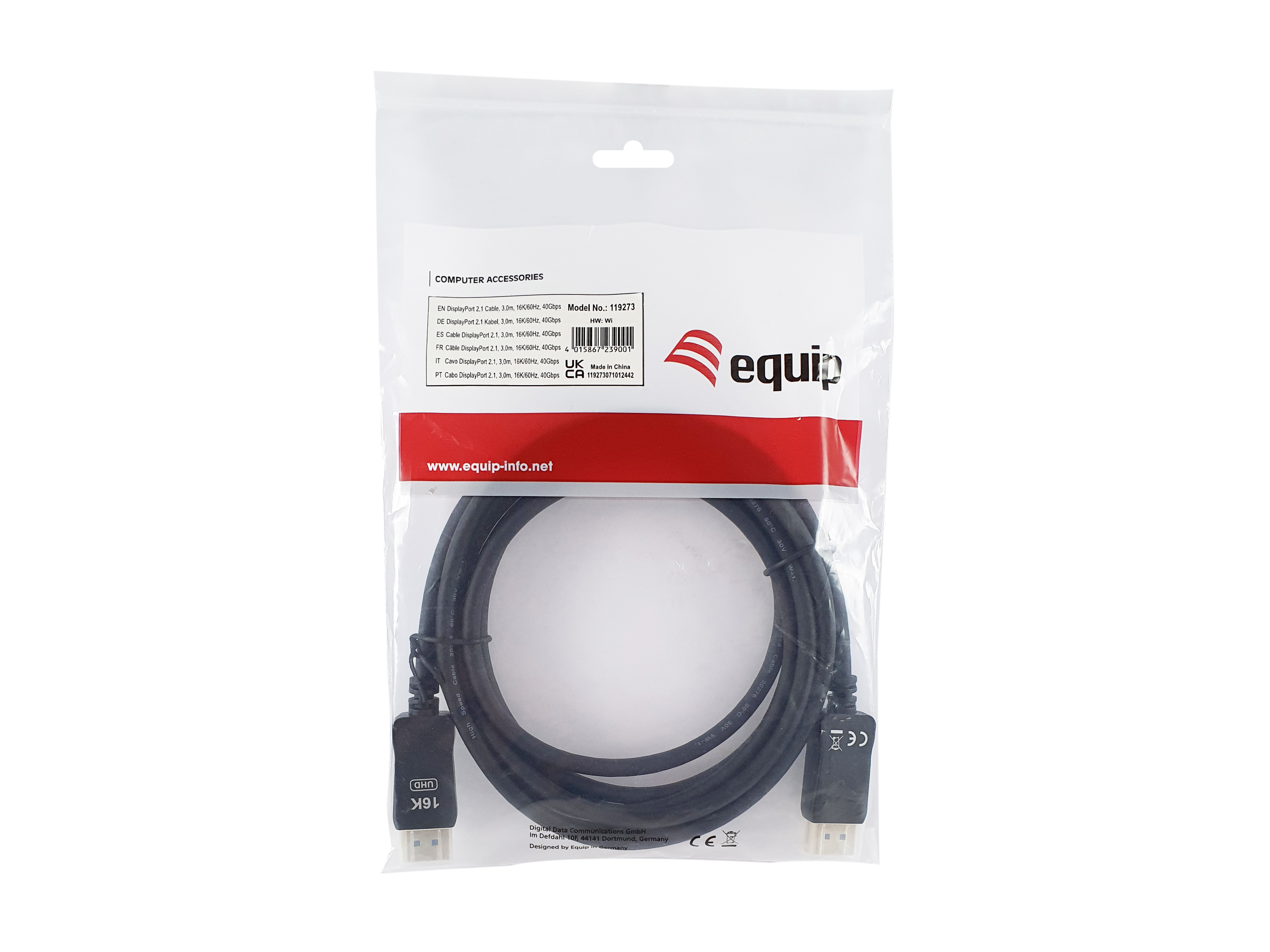 Ein DisplayPort-Kabel in einer Plastikverpackung. Die Verpackung hat Text und ein Logo. Das Kabel ist schwarz.