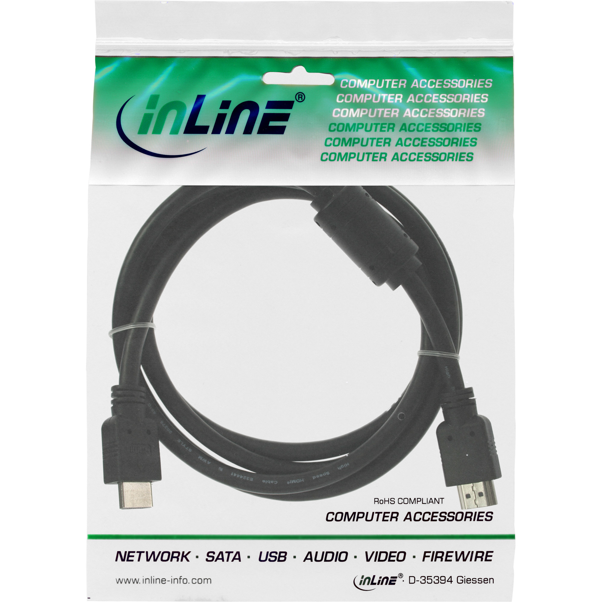 Un câble HDMI noir dans un emballage plastique. L'emballage porte le logo 'inLine' et le texte 'Accessoires Informatiques'.