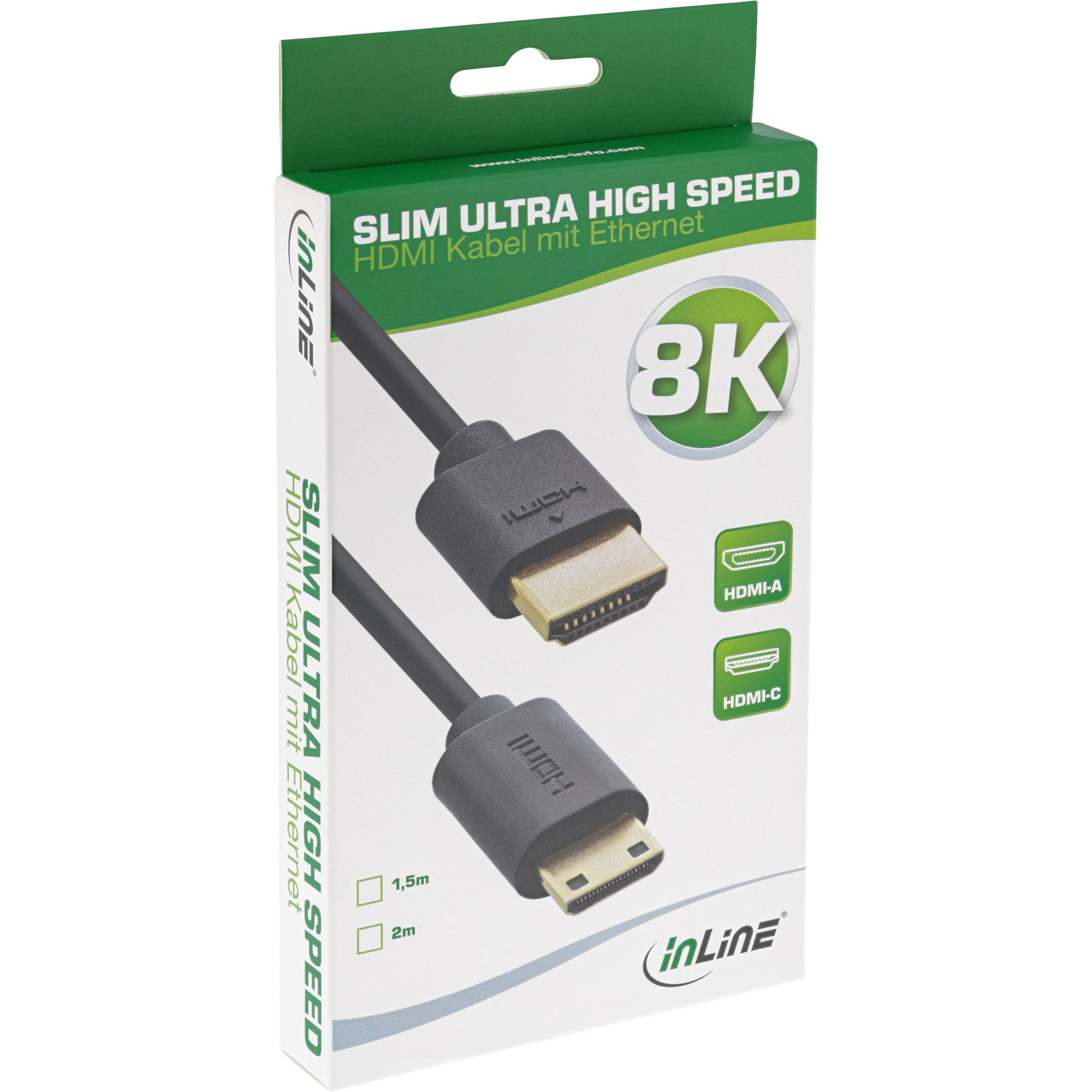 Verpacktes HDMI-Kabel mit Steckern. Text auf der Verpackung: Slim Ultra High Speed, 8K, HDMI Kabel mit Ethernet, InLine Logo.