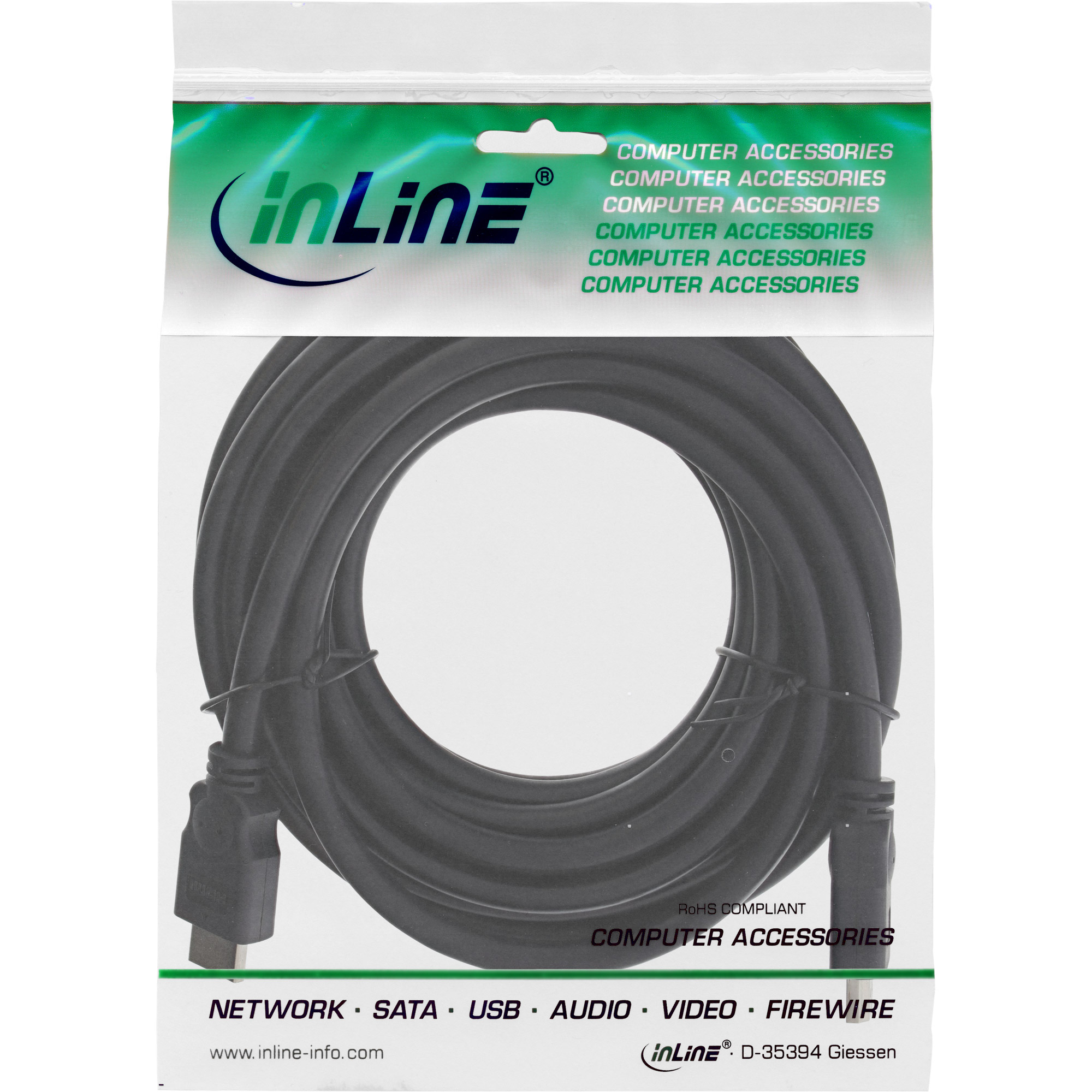 Un câble d'ordinateur noir enroulé dans un emballage plastique avec le logo 'inLine' et le texte 'Accessoires informatiques'.