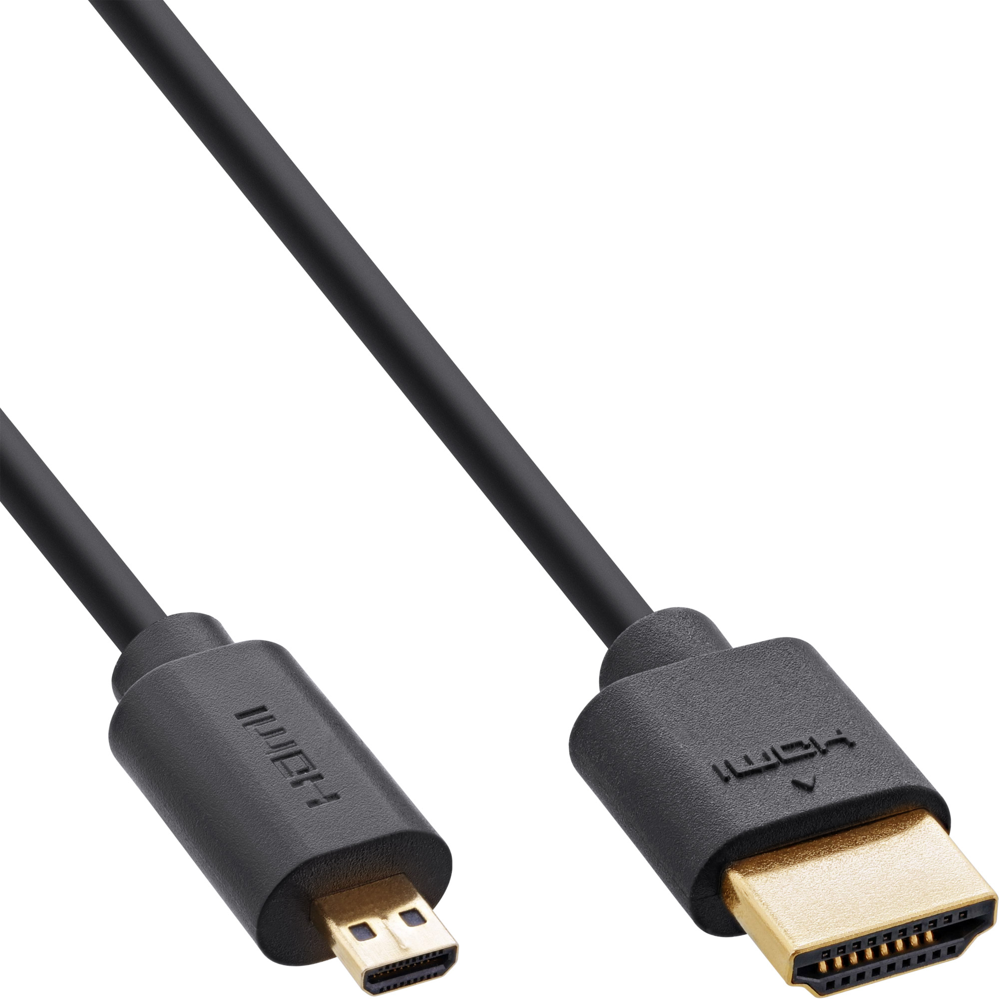 Ein schwarzes HDMI-Kabel mit zwei unterschiedlich großen Steckern vor weißem Hintergrund.