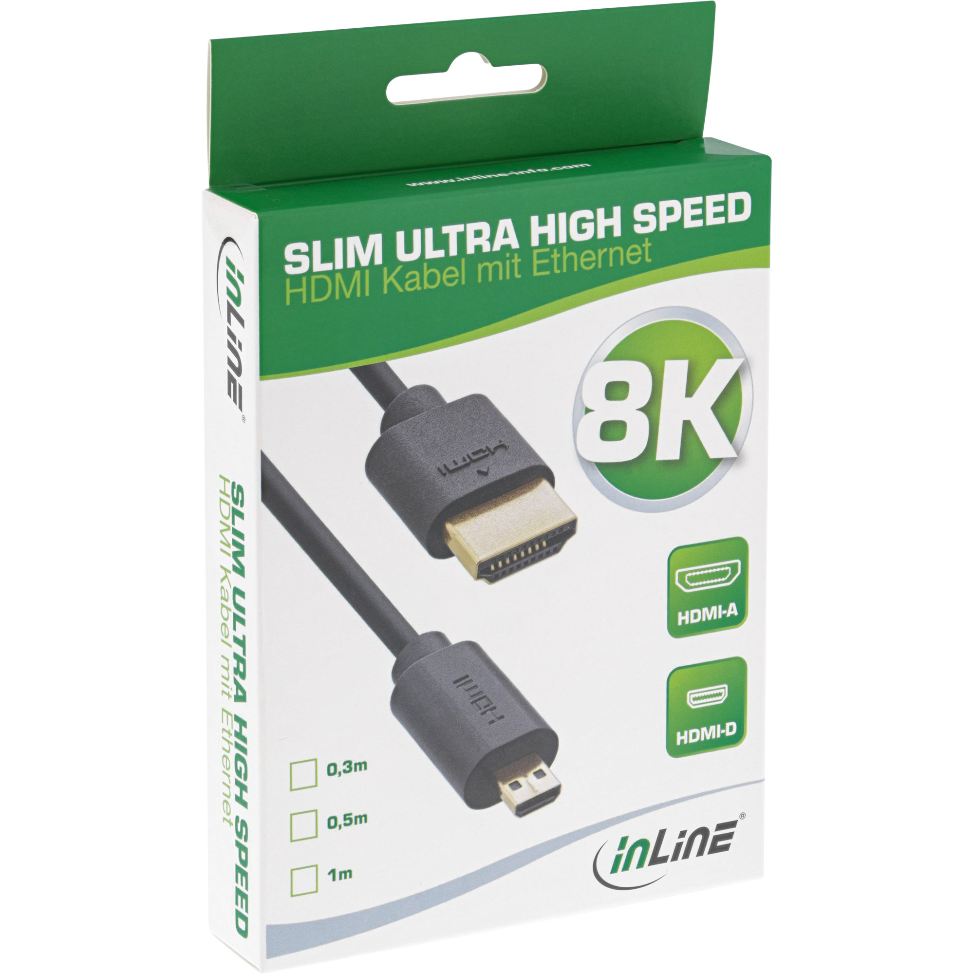 Schachtel mit HDMI-Kabel, beschriftet 'SLIM ULTRA HIGH SPEED', mit 8K-Kompatibilität.