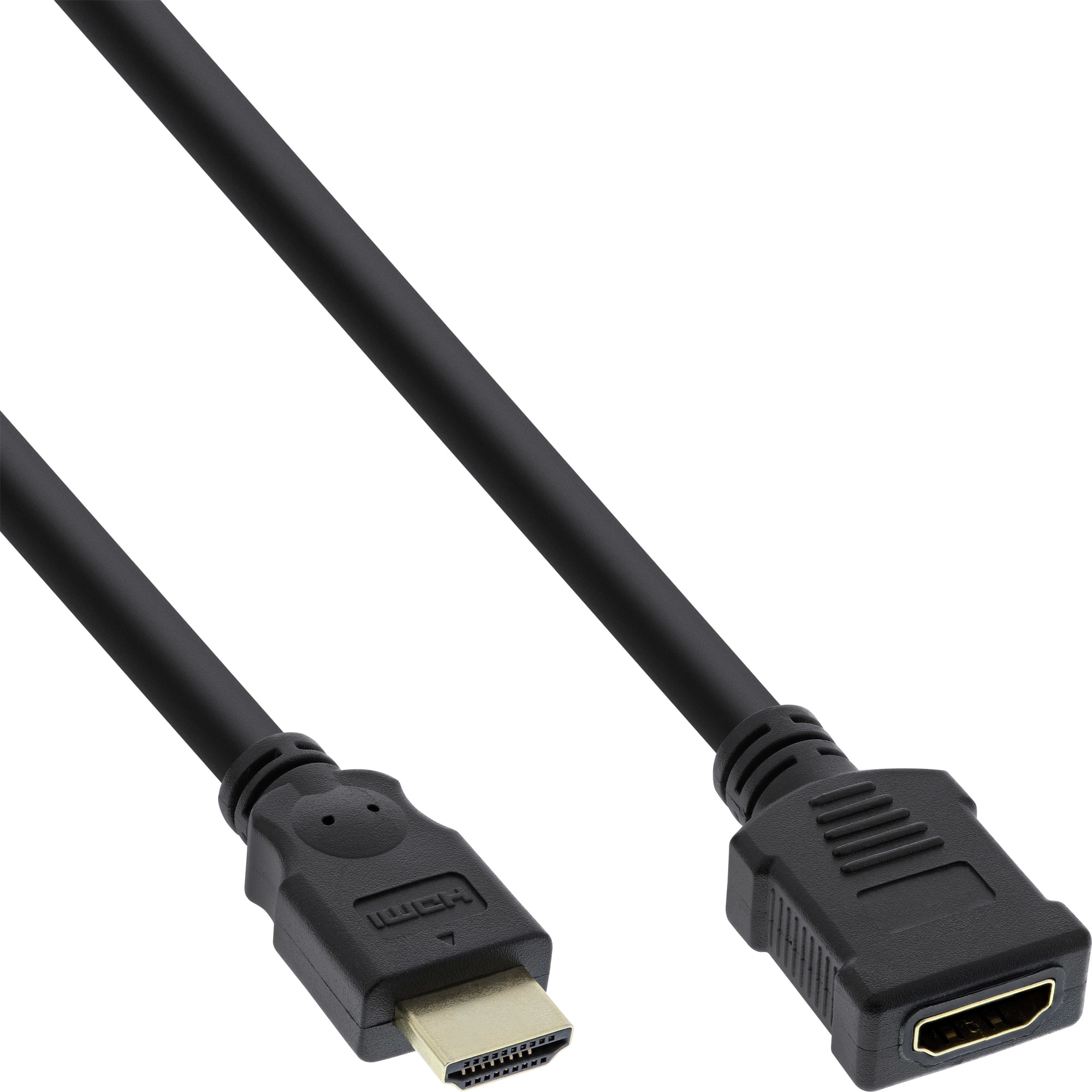 Schwarzes HDMI-Kabel mit Anschlüssen an beiden Enden. Ein Ende ist männlich, das andere weiblich. Weißer Hintergrund.