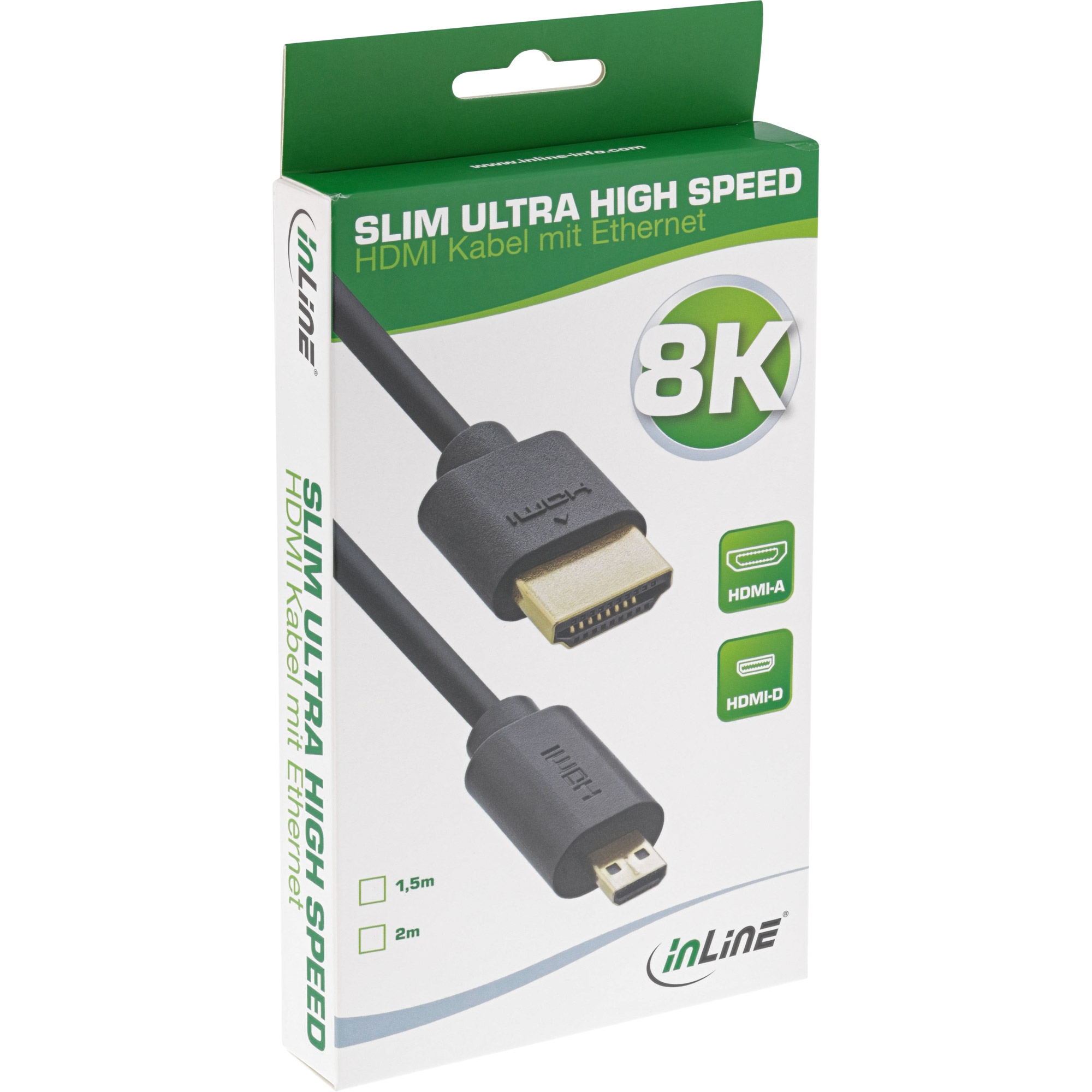 Eine Schachtel mit einem HDMI-Kabel, beschriftet mit 'Slim Ultra High Speed'. Die Schachtel ist weiß und grün, mit 8K.