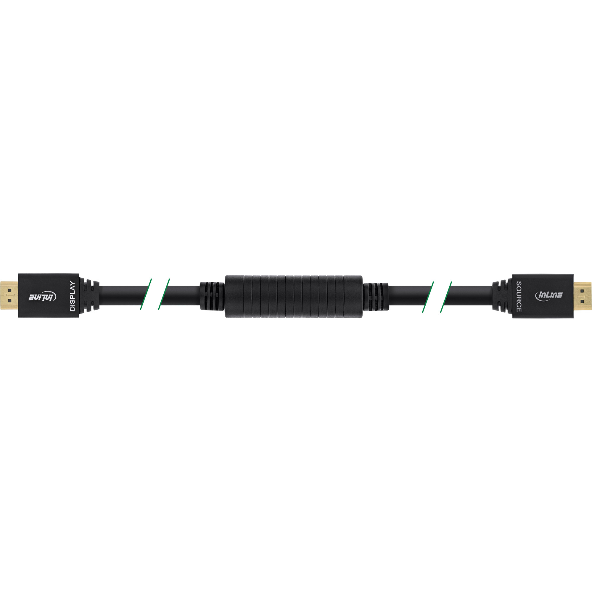 Un câble HDMI noir est disposé horizontalement. Il comporte deux connecteurs étiquetés Display et Source, et une section centrale côtelée.