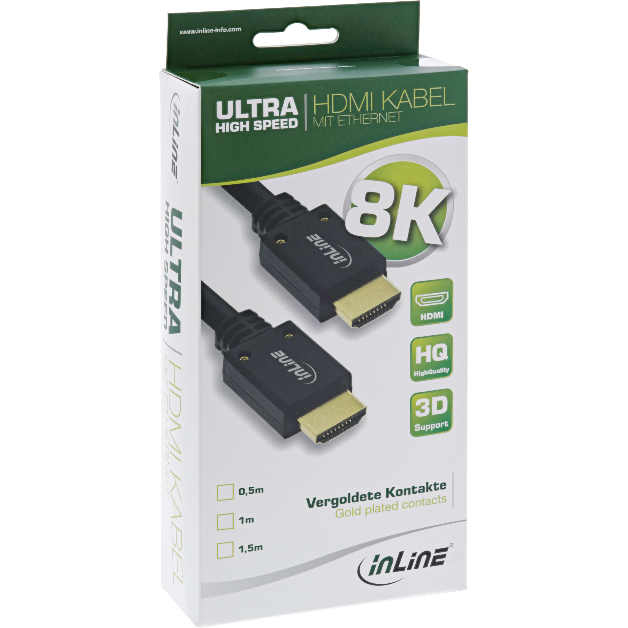 HDMI-kabel in doos met 8K-ondersteuning. Voorzien van 'Ultra High Speed' en 'vergulde contacten'. Merk is InLine.
