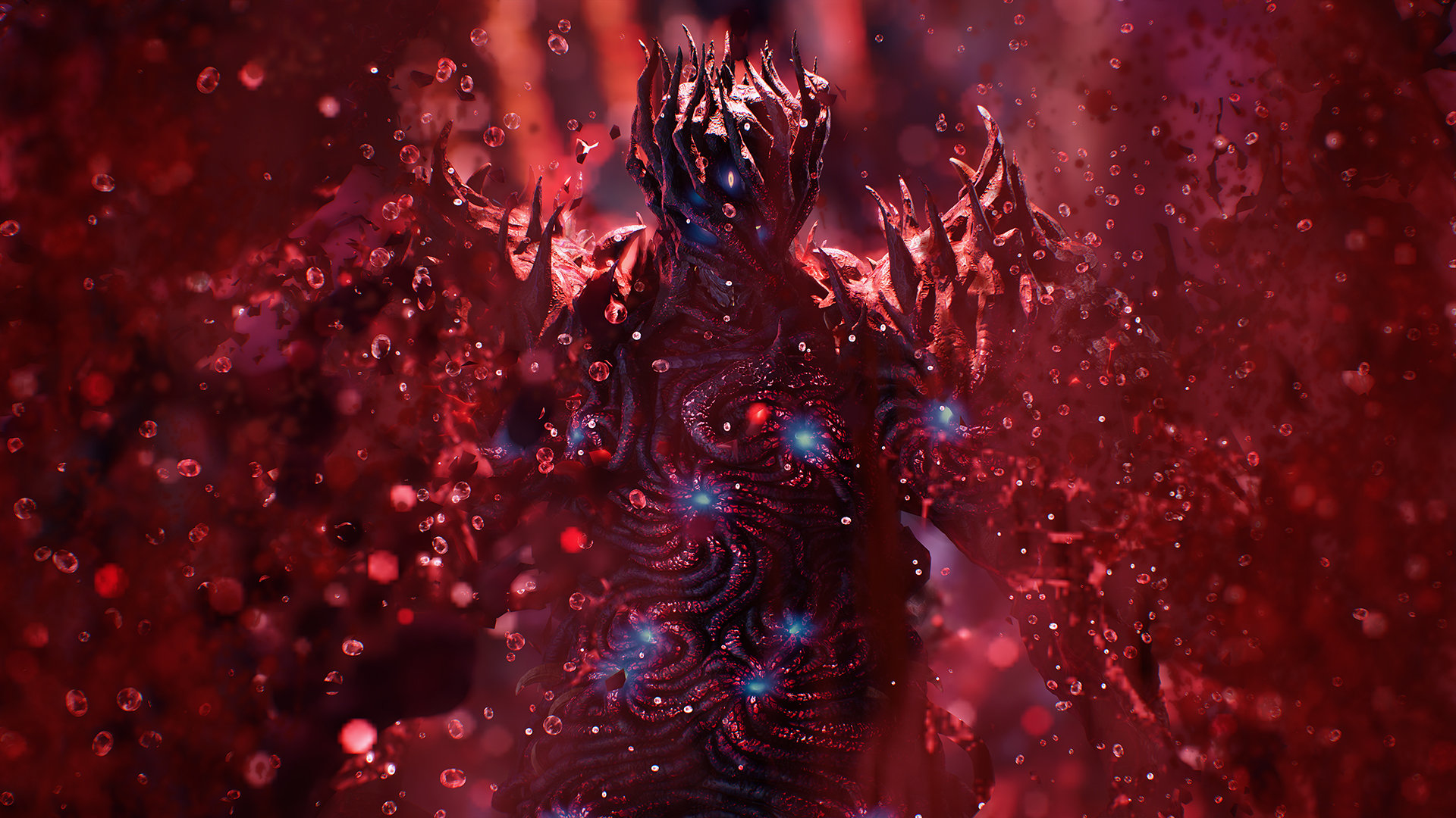 Una figura oscura con corona de espinas y ojos brillantes. La figura está rodeada de un fondo rojo y borroso con orbes flotantes.