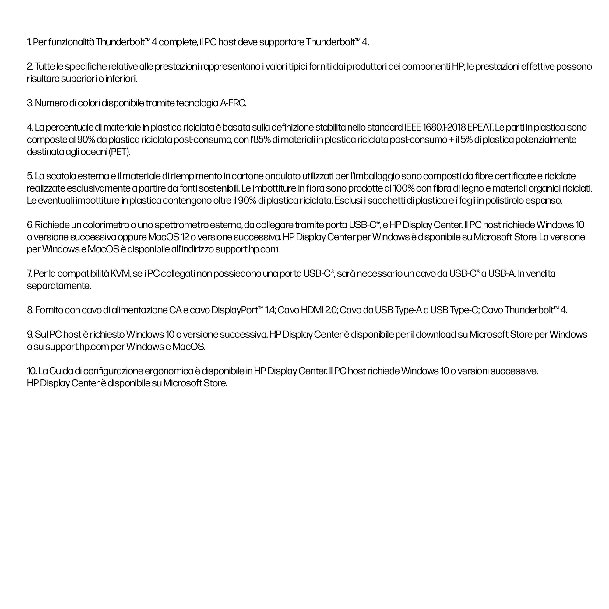 Tekst w języku włoskim o Thunderbolt 4 i HP Display Center, opisujący różne funkcje i wymagania.