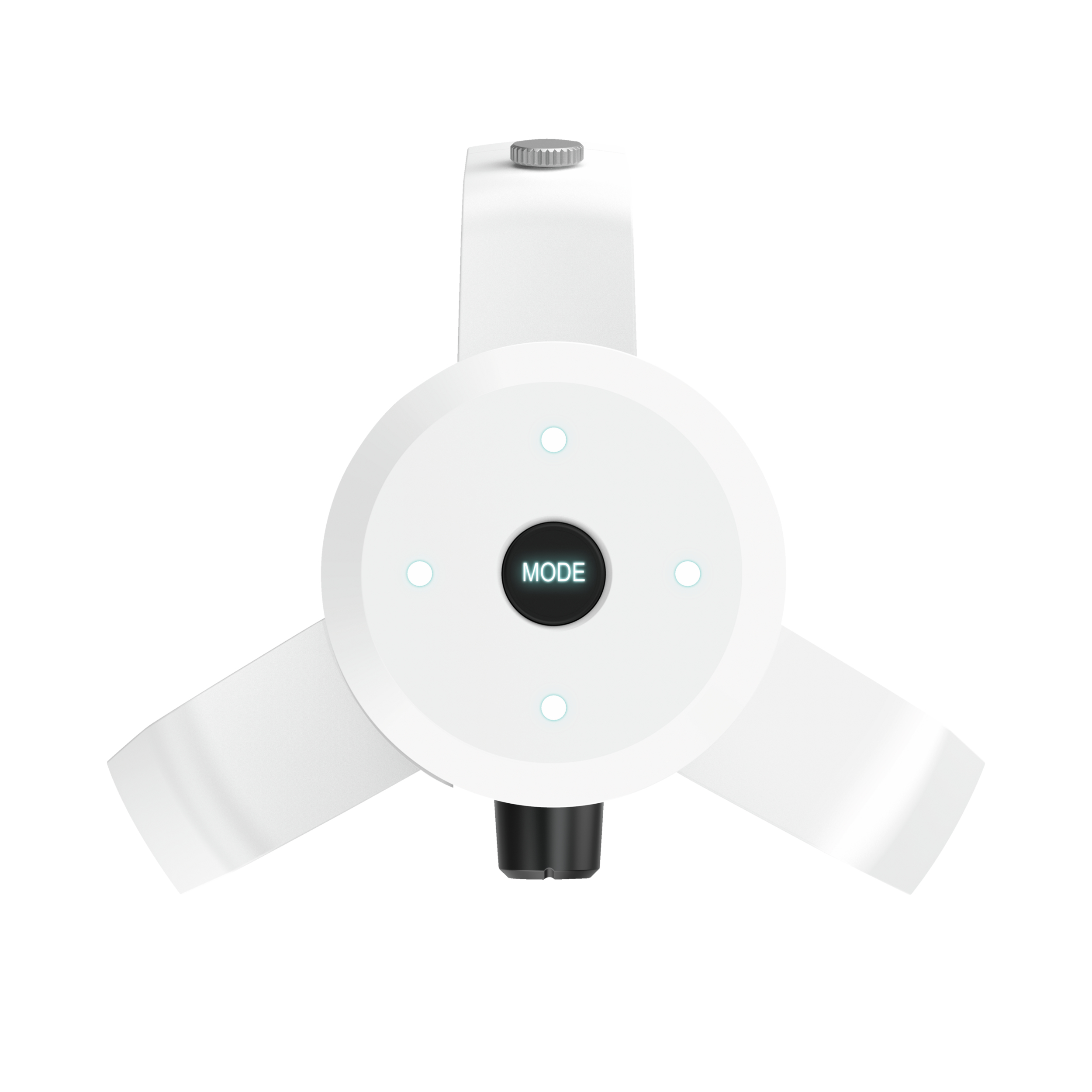 Biały wentylator sufitowy. Ma trzy łopaty, centralny panel sterowania z przyciskiem 'MODE' i czarną podstawę.