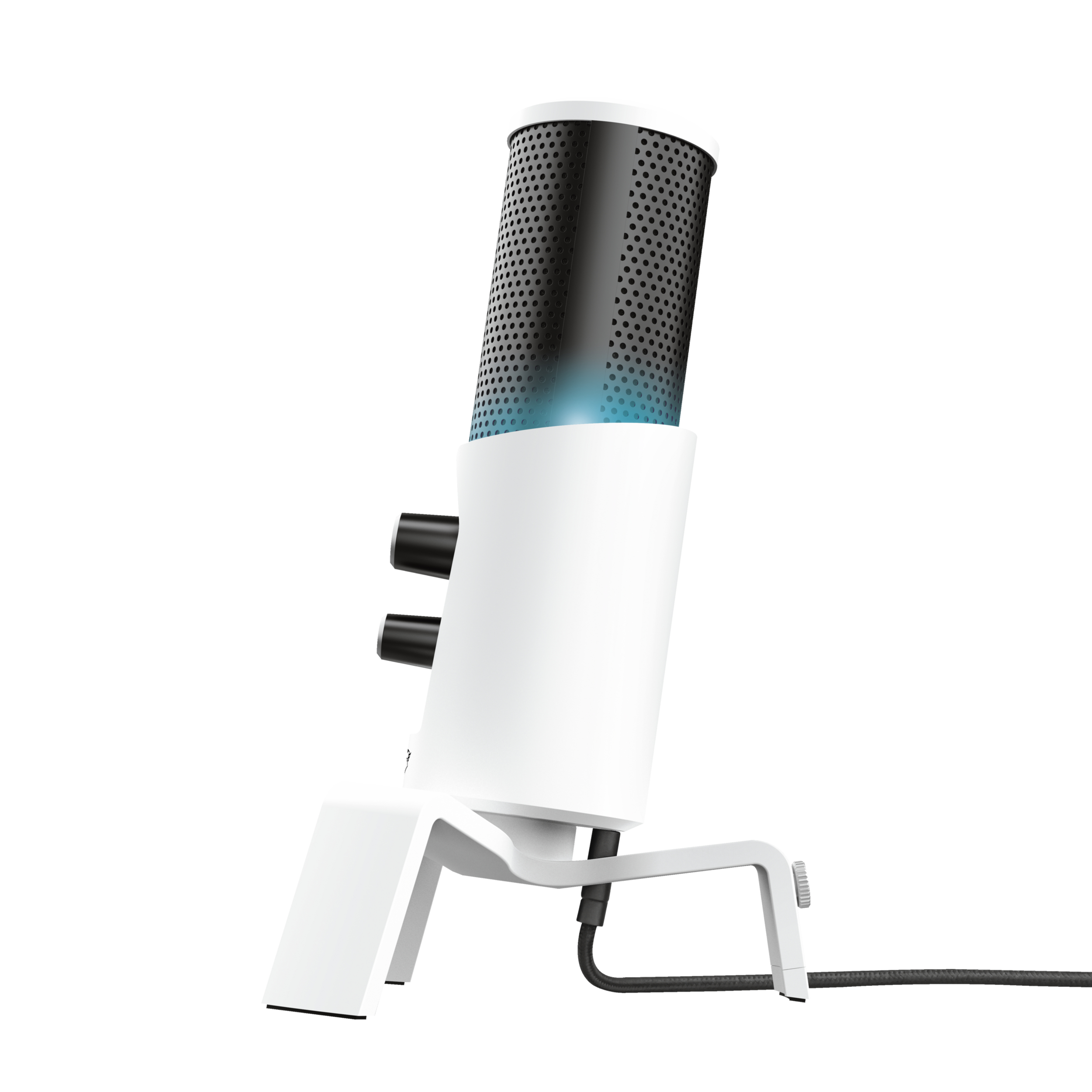 Biało-czarny mikrofon z perforowaną czarną górą, dwoma pokrętłami i podstawką, na białym tle.