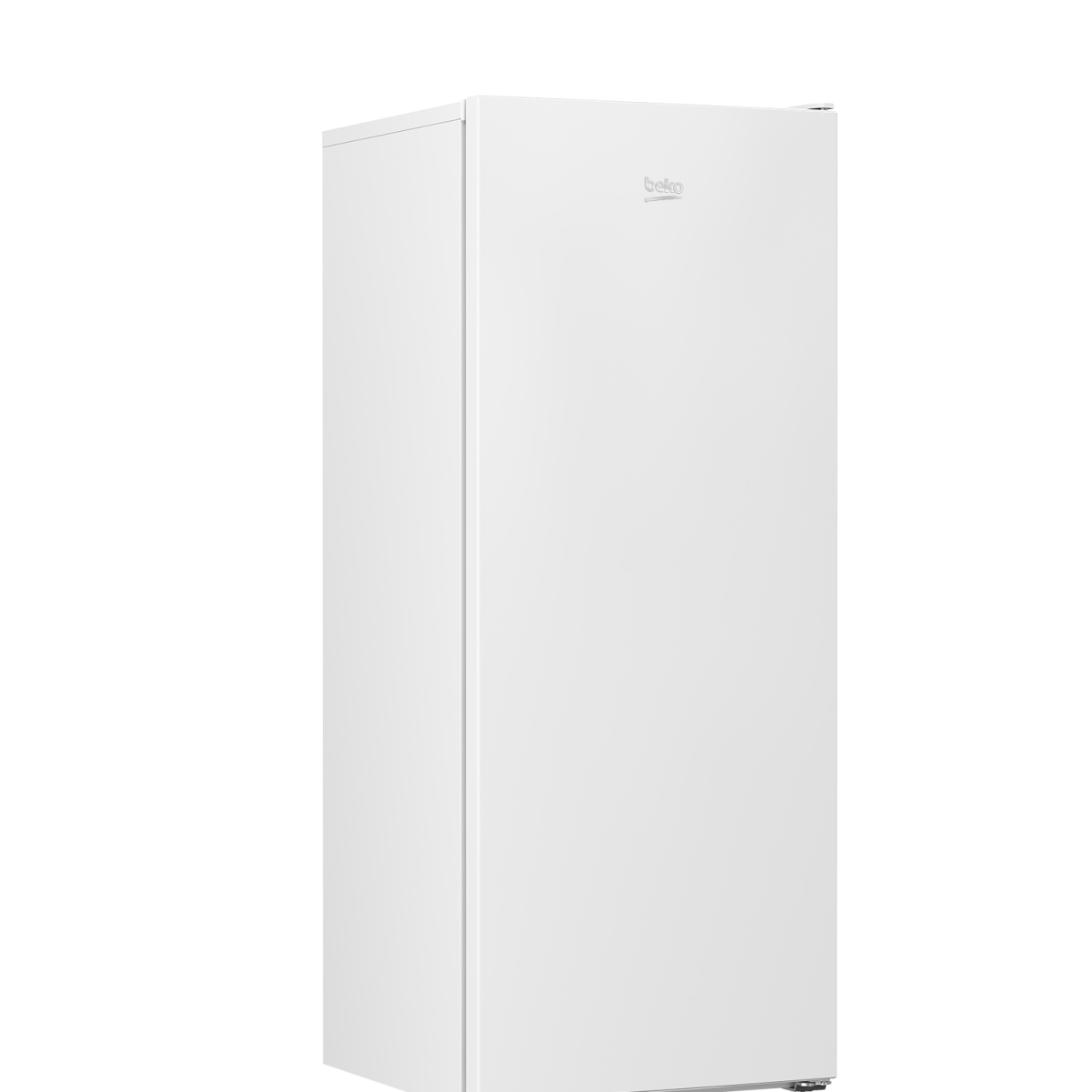 Un congelatore Beko bianco su sfondo bianco. È alto e rettangolare, con il logo Beko sulla porta.