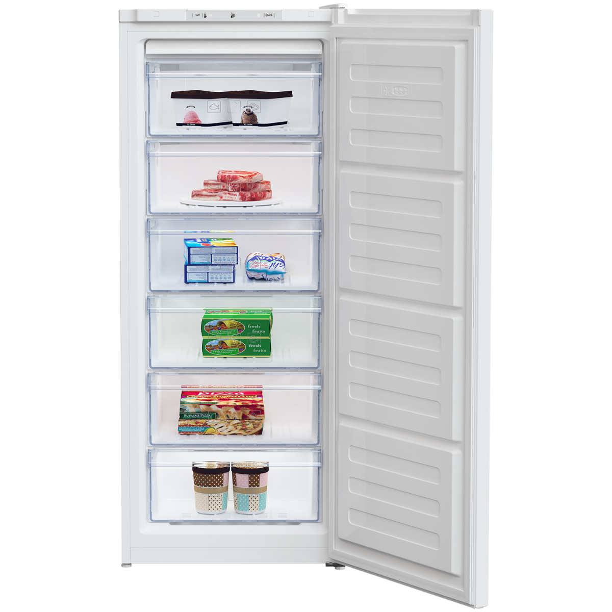 Un congelatore bianco con la porta aperta, che rivela diversi cassetti con cibi surgelati come gelato, carne, frutta e pizza.