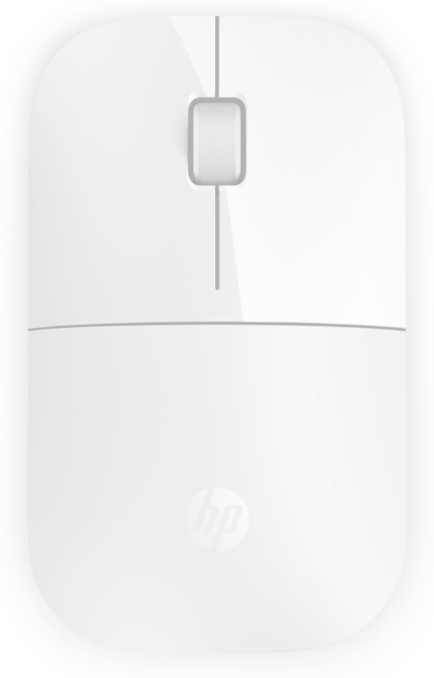 Biała mysz komputerowa HP. Posiada prostokątny obszar przewijania i logo HP. Design jest minimalistyczny.
