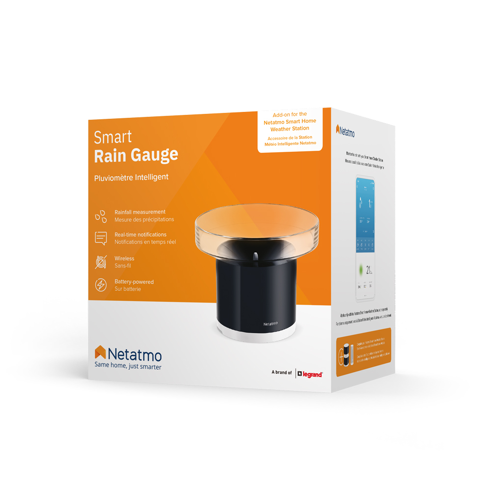 A product box for a smart rain gauge. It shows the product, a black and clear device, and details about the product.