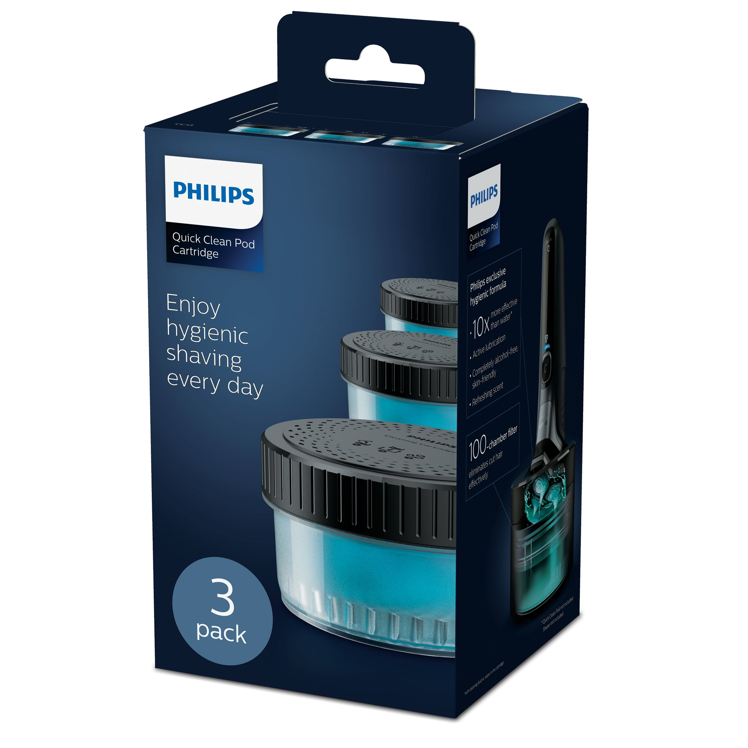 Caja de Philips Quick Clean Pod Cartridge. Contiene tres cápsulas y texto sobre afeitado. Azul marino y blanco.