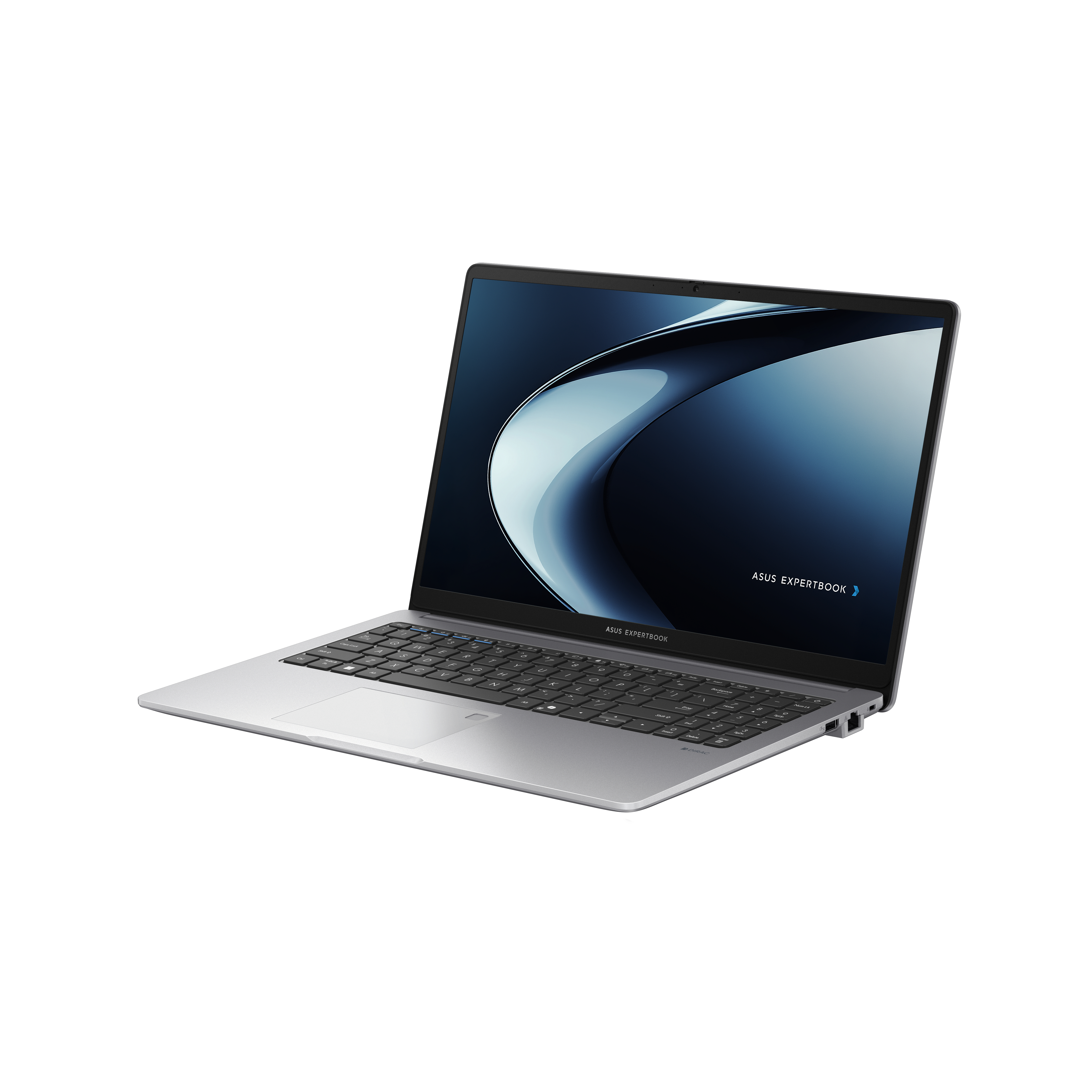 Srebrny laptop na białym tle. Ekran wyświetla niebiesko-biały wzór. Klawiatura widoczna. ASUS EXPERTBOOK na ekranie.