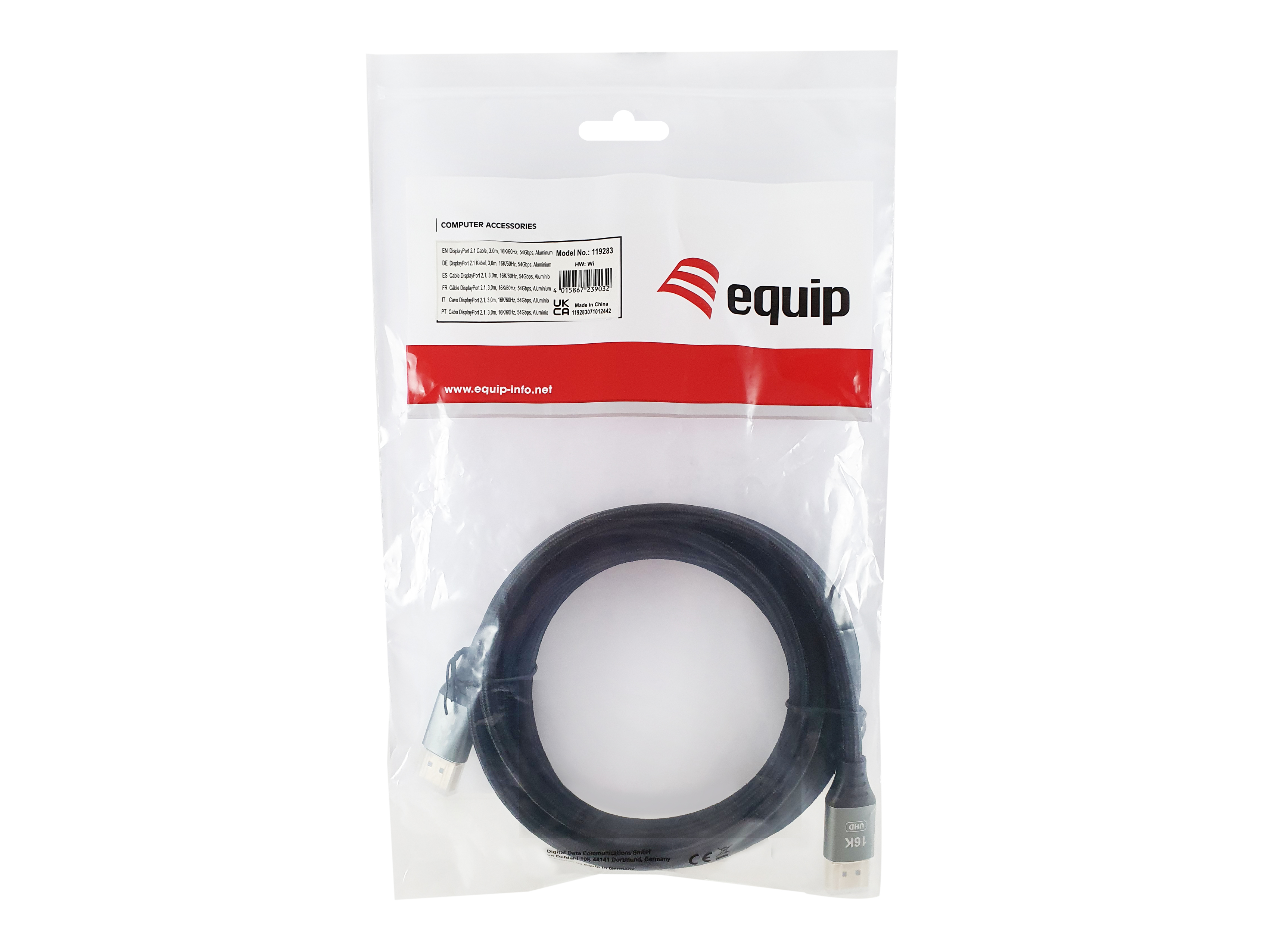 Ein DisplayPort-Kabel in einer Plastiktüte. Die Tüte hat Text und das Equip-Logo. Das Kabel ist schwarz.