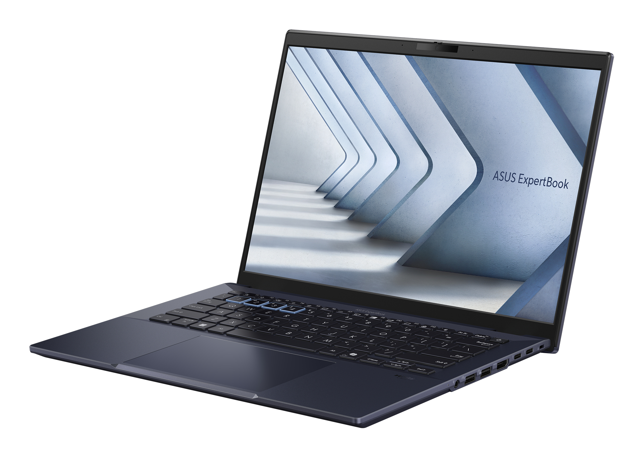 Ciemnoniebieski laptop ASUS ExpertBook. Ekran wyświetla biało-niebieski abstrakcyjny wzór. Widoczna klawiatura. Izolowany na białym tle.