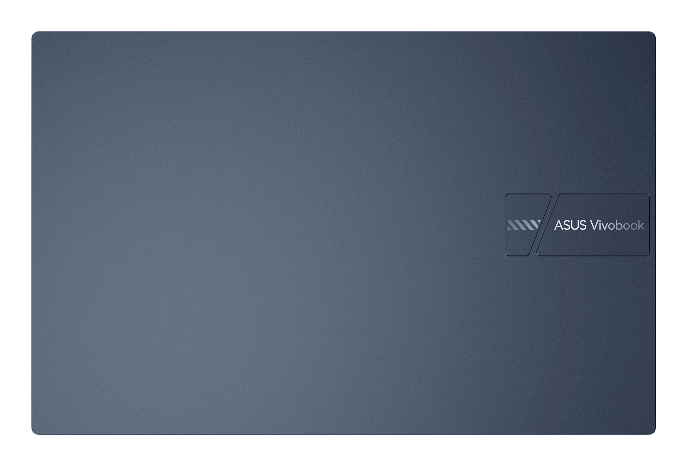 Ciemnoniebieska pokrywa laptopa, logo ASUS Vivobook po prawej stronie. Tło jest białe.