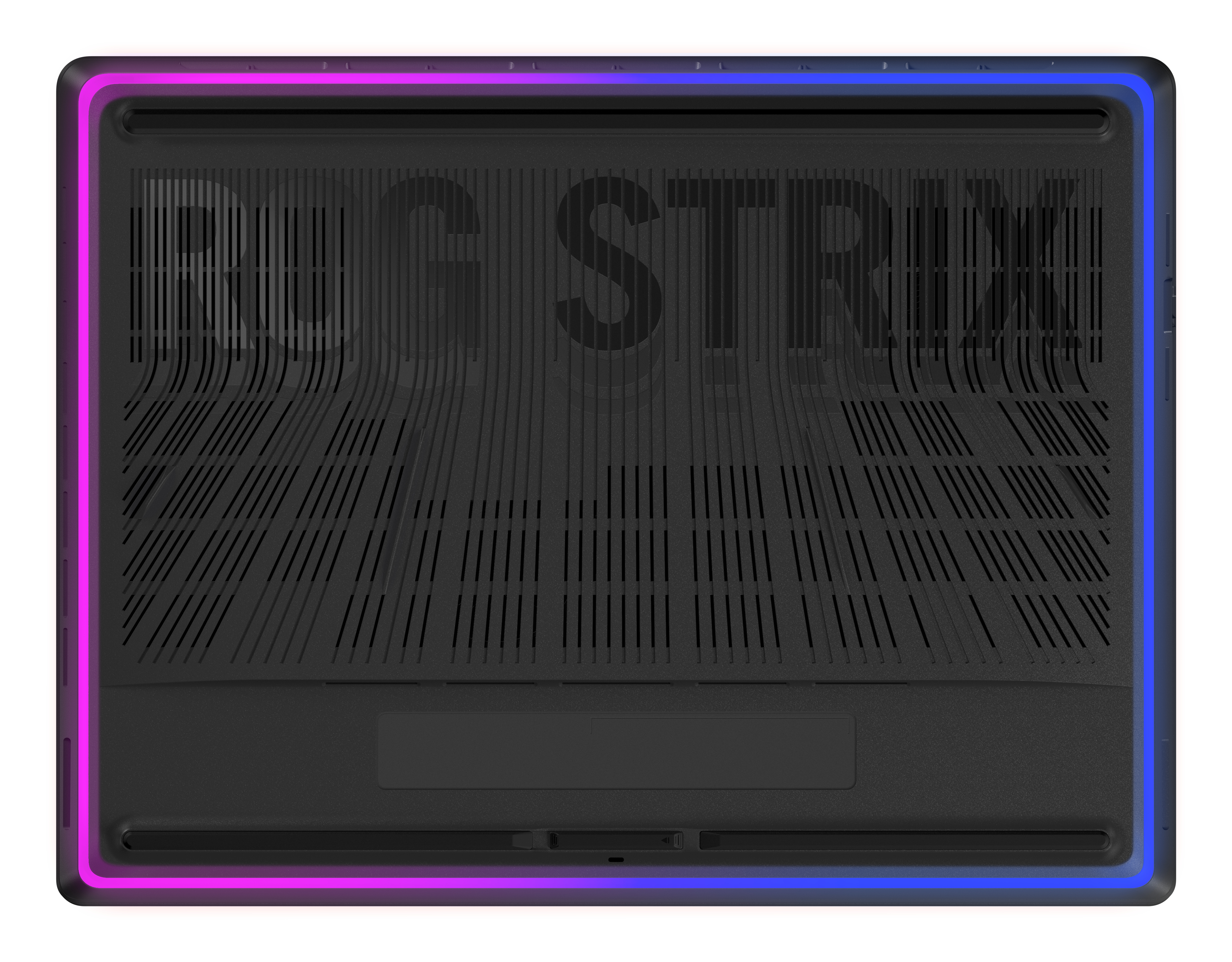 Schwarzer Laptop-Sockel mit RGB-Beleuchtung an den Rändern. Der Text 'ROG STRIX' ist sichtbar.