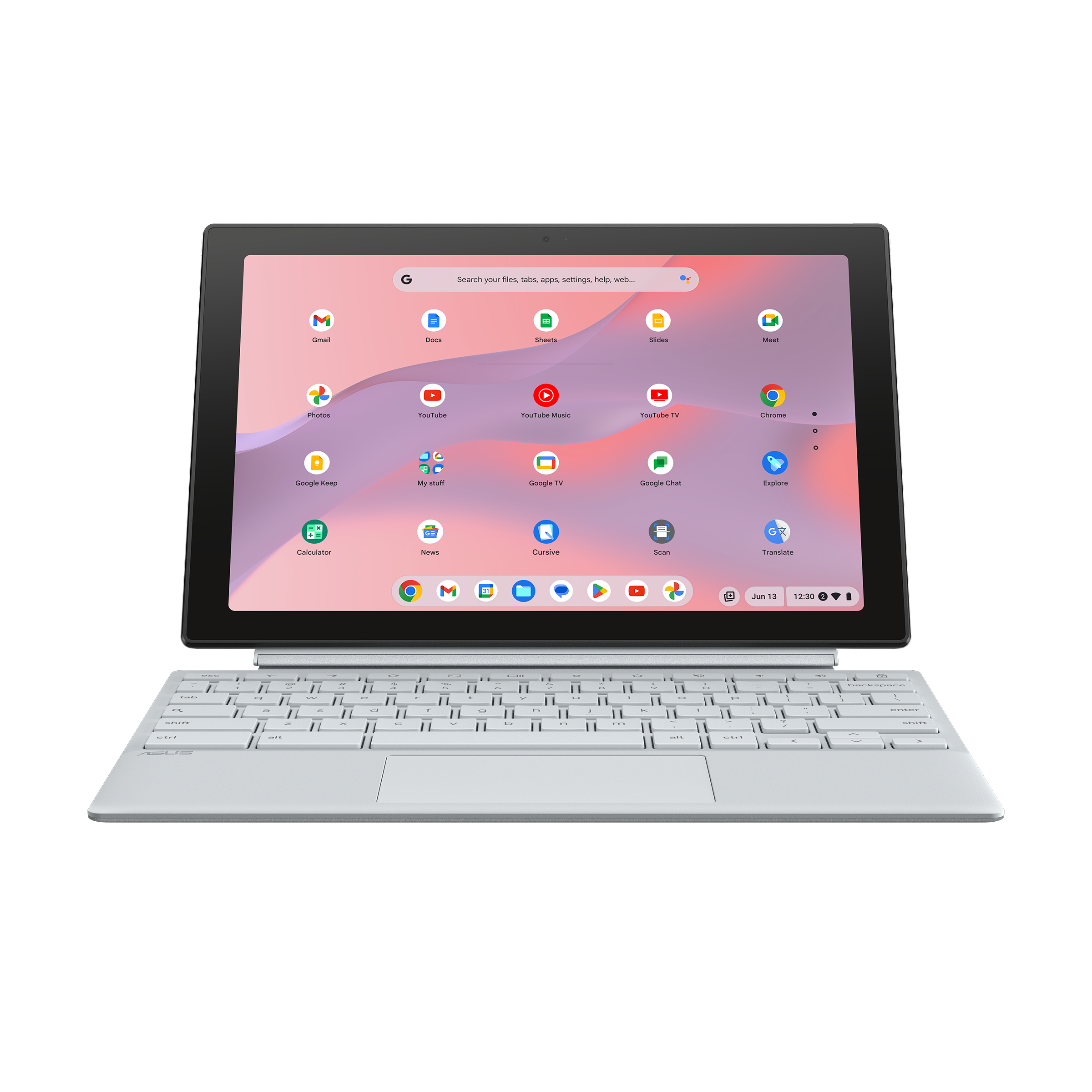 Una tableta con teclado desmontable, la pantalla muestra iconos de aplicaciones, teclado gris claro.