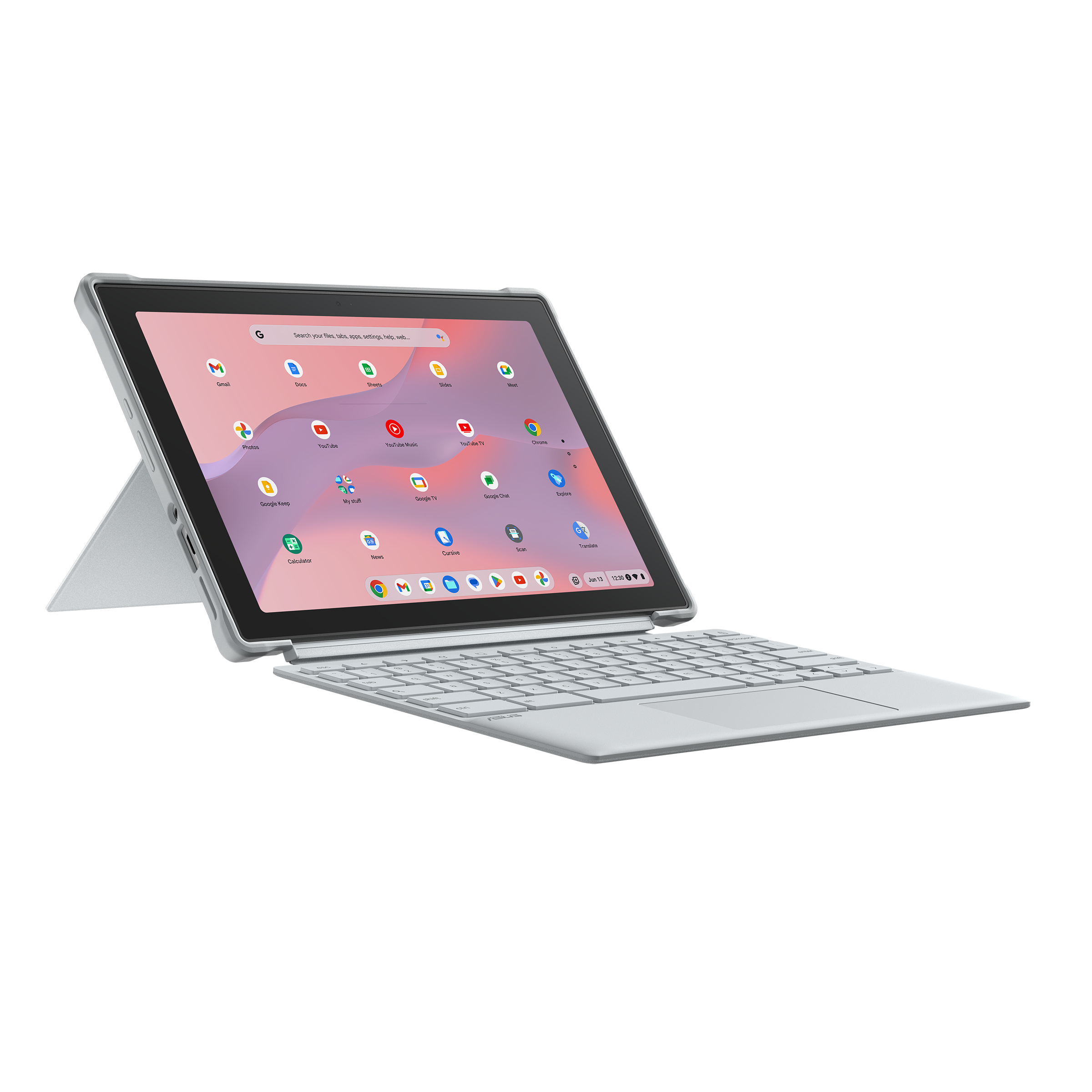Una tableta plateada con teclado está abierta. La pantalla muestra iconos de aplicaciones. Fondo blanco.