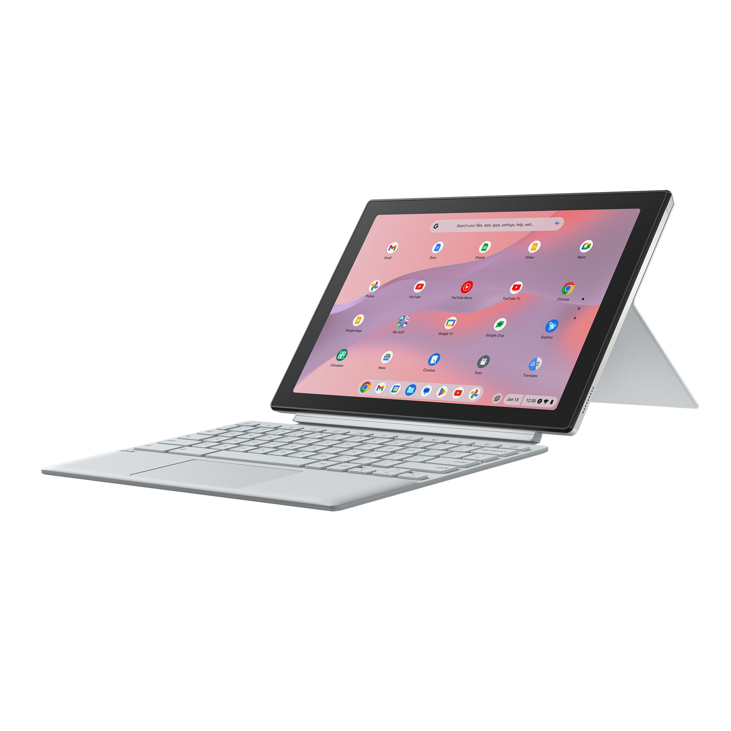 Una tableta con teclado está abierta. La pantalla muestra iconos de aplicaciones. El teclado y la pantalla son grises claros.