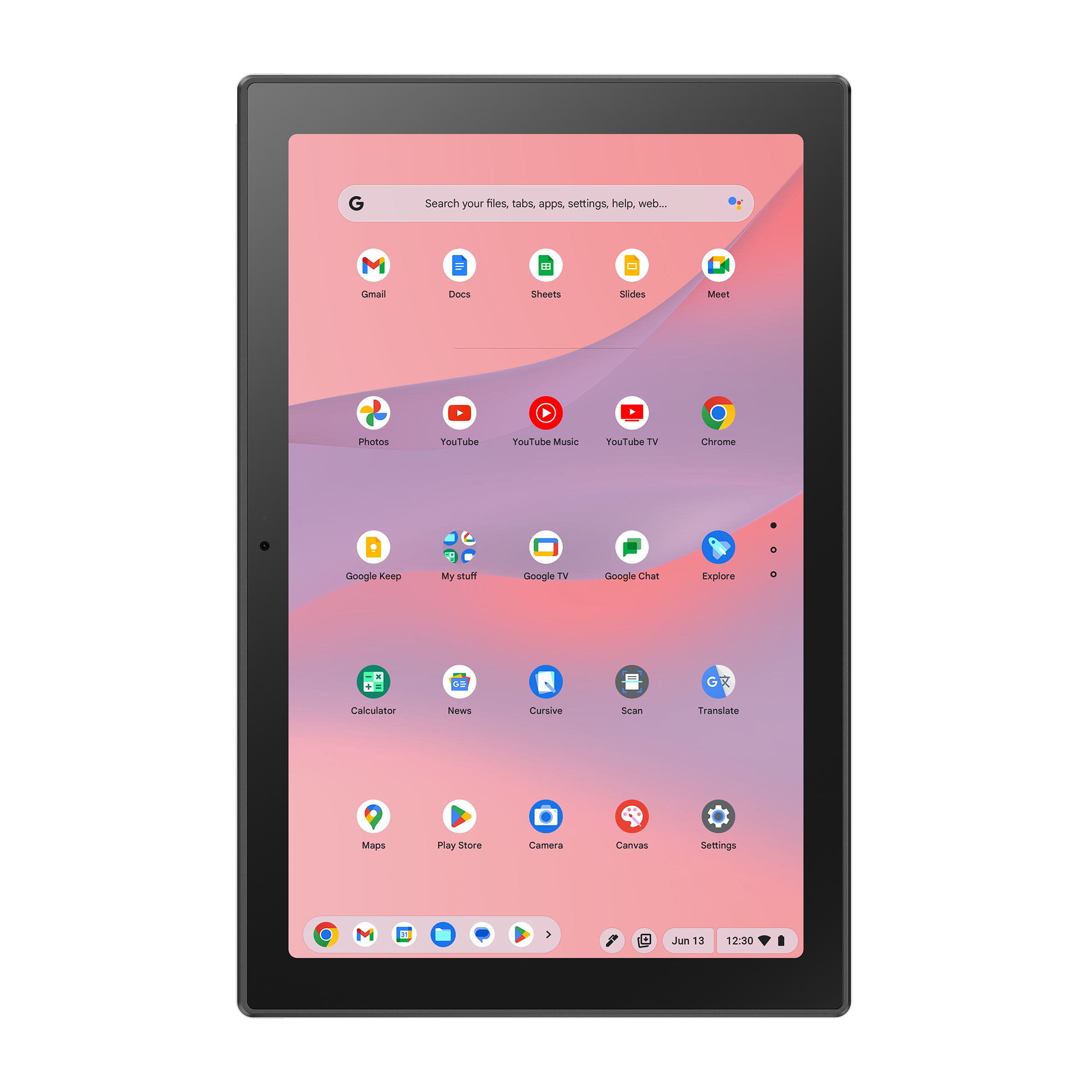 Una tableta con aplicaciones como Gmail, YouTube y Chrome sobre un fondo rosa y blanco. Hay una barra de búsqueda en la parte superior.