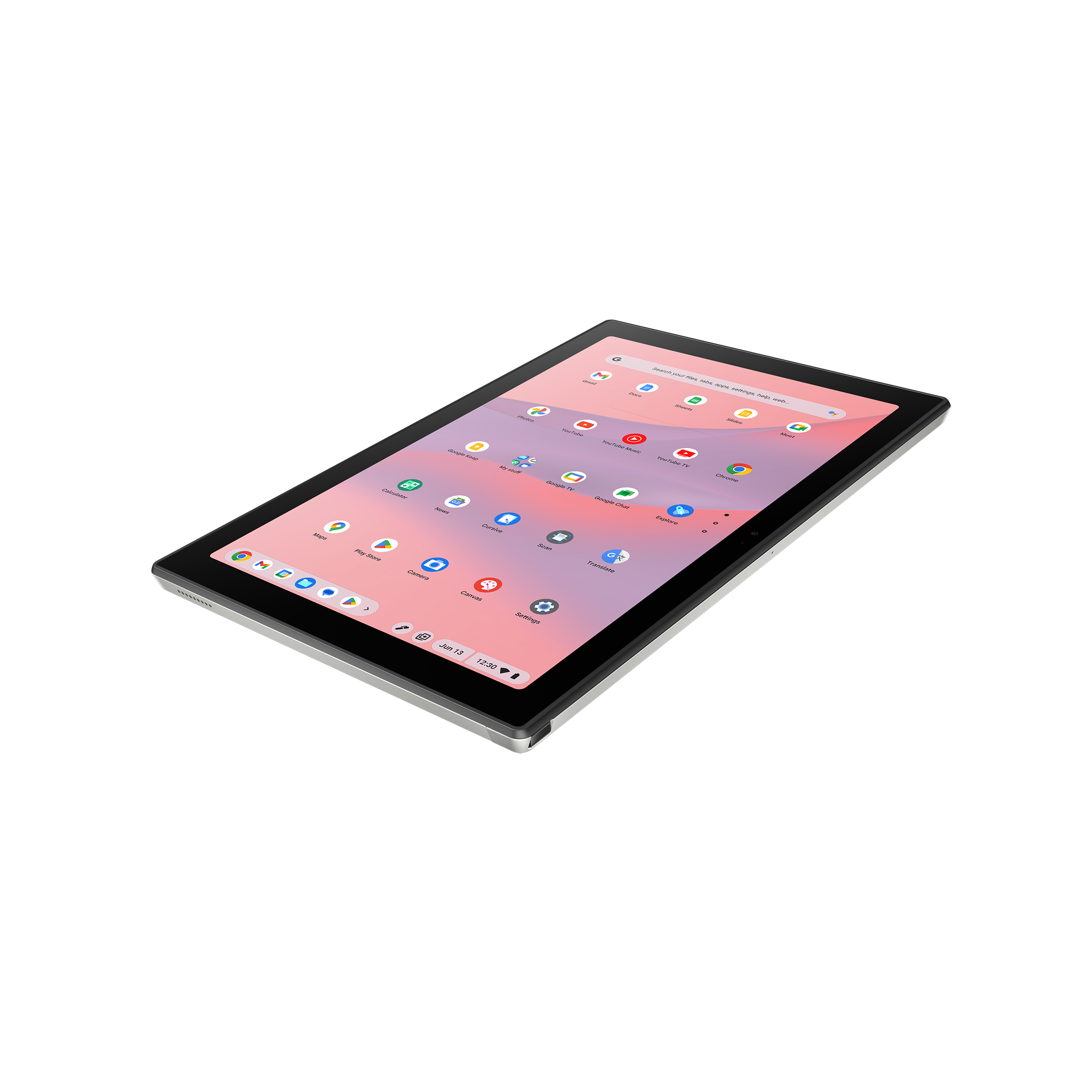 Una tableta muestra iconos de aplicaciones sobre un fondo rosa. La tableta es negra, con un marco plateado, y está en ángulo.