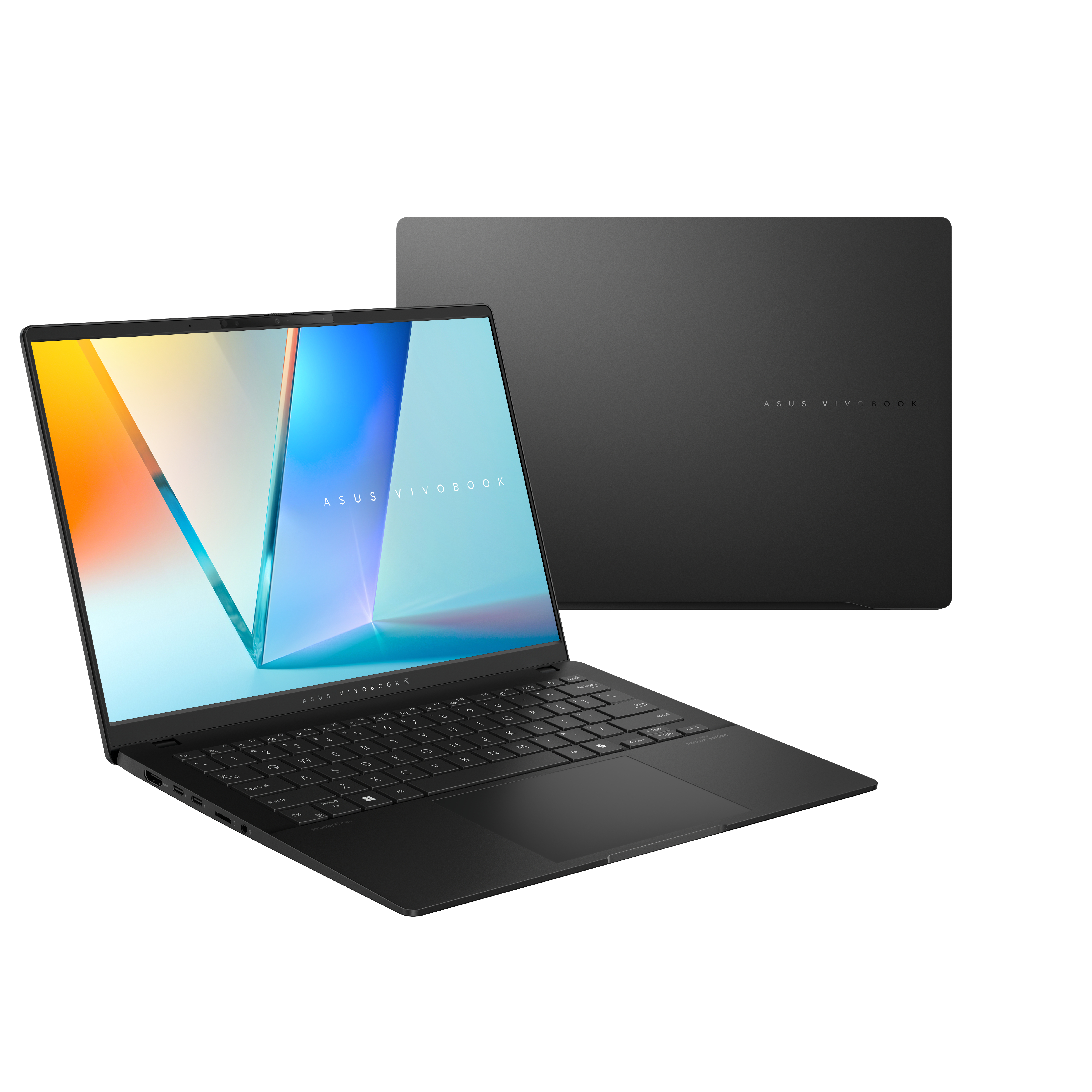 Czarny laptop ASUS Vivobook, otwarty, z klawiaturą i ekranem z kolorowym abstrakcyjnym obrazem oraz zamkniętym laptopem.