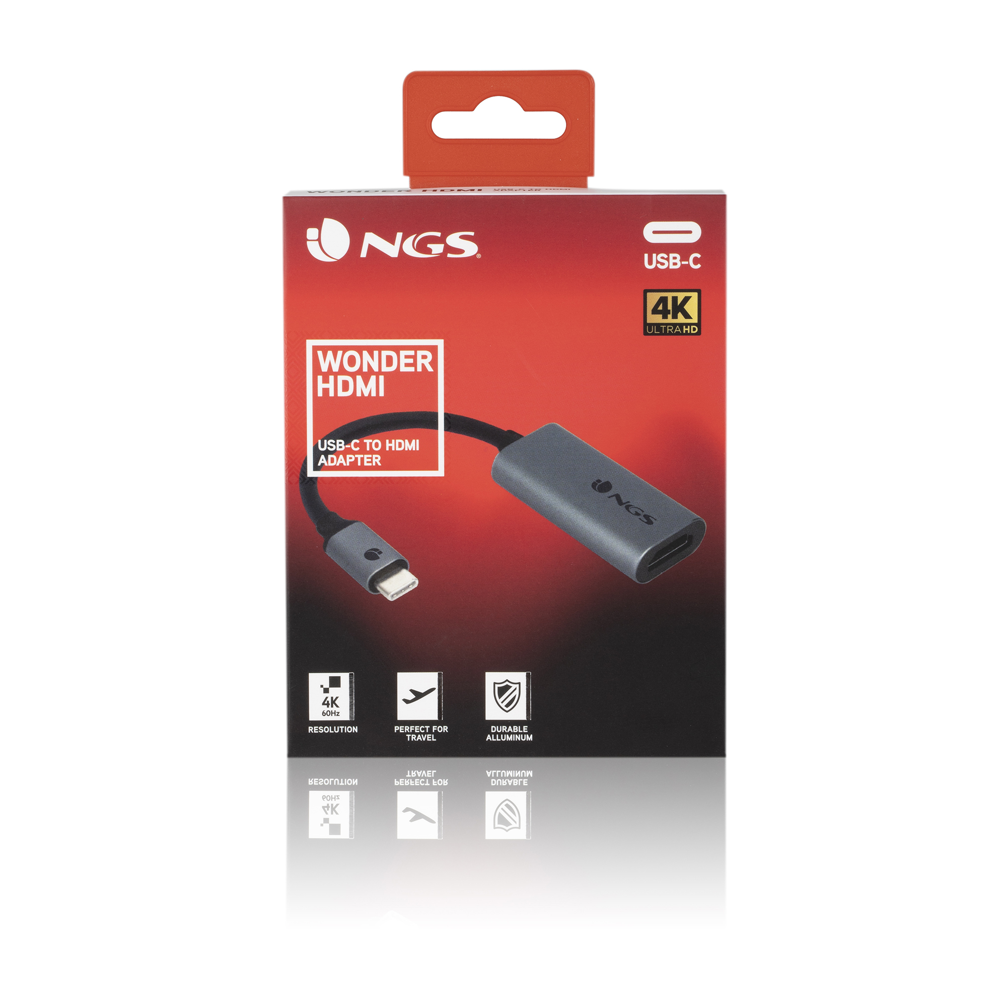 Una caja de un adaptador, negro y rojo. Tiene la marca NGS y la descripción del producto.