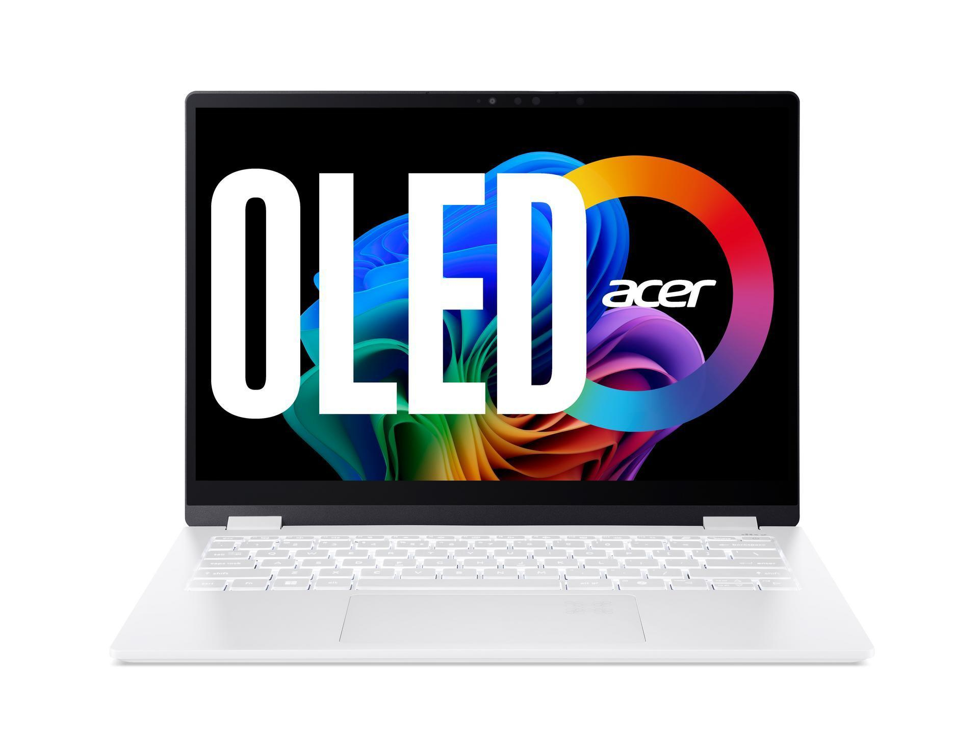 Weißer Laptop mit OLED-Bildschirm, der bunte abstrakte Kunst und das Wort OLED zeigt. Das Acer-Logo ist sichtbar.