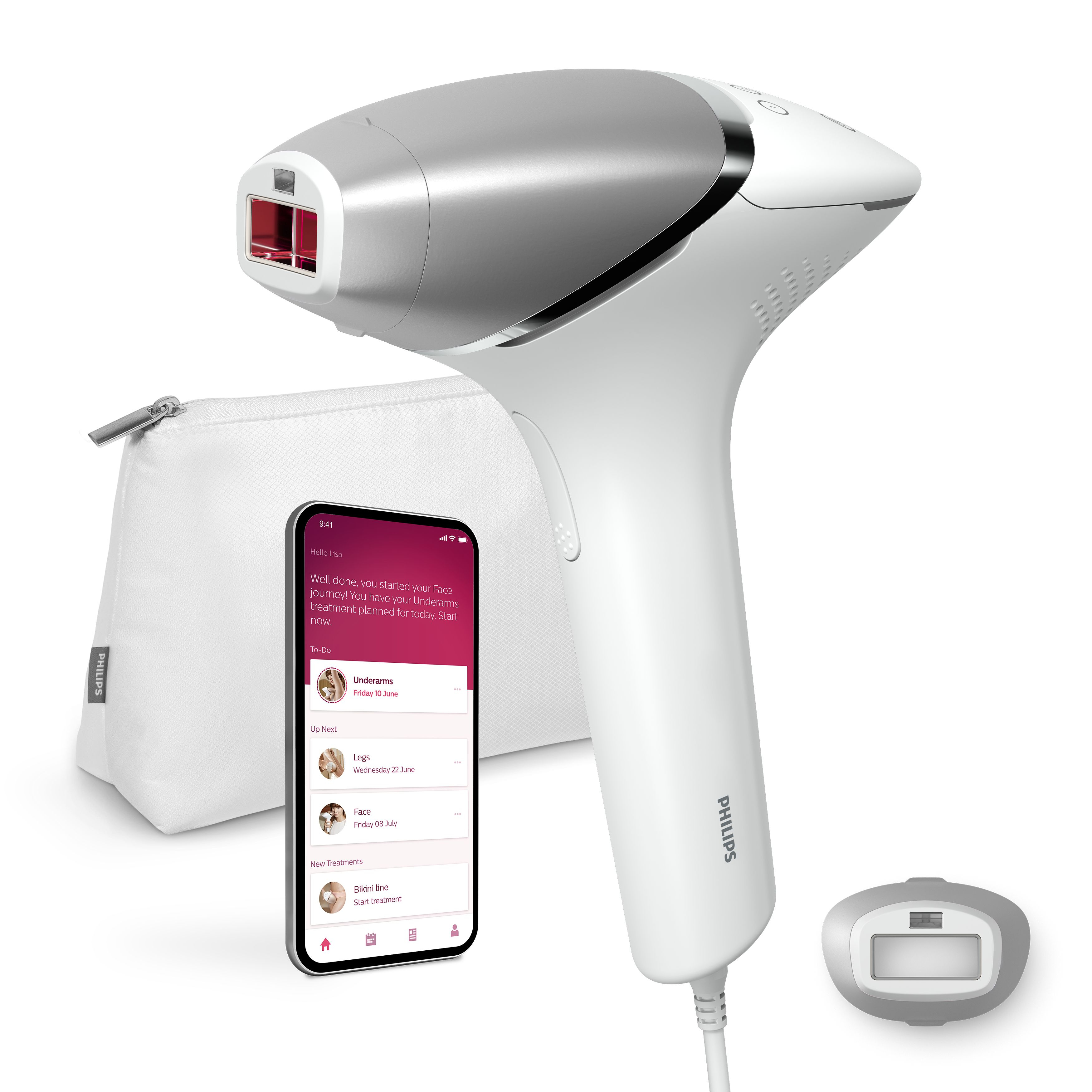Un dispositivo de depilación Philips blanco y plateado con teléfono, bolsa y accesorio sobre fondo blanco.