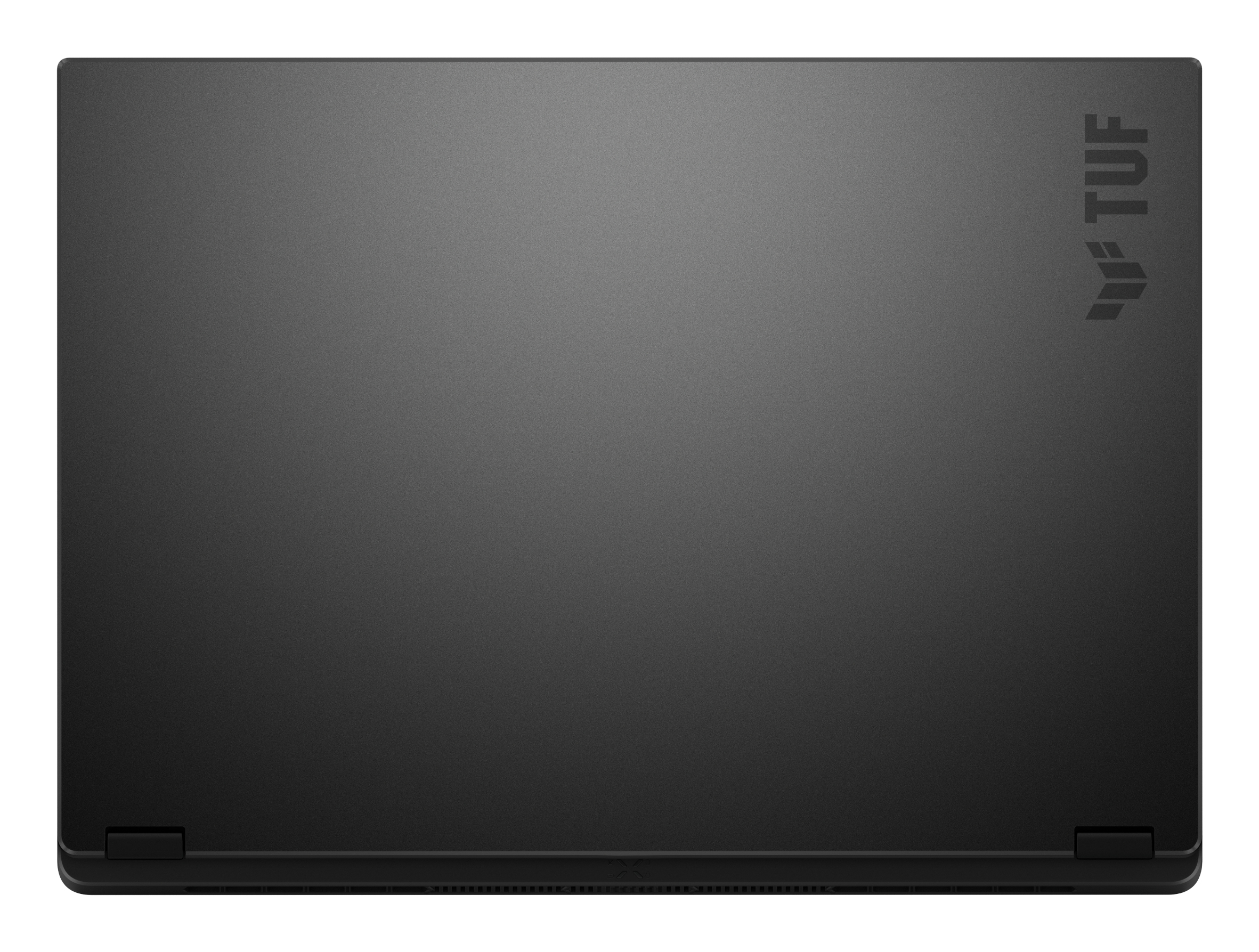 Zamknięty czarny laptop, widok z góry. Marka 'TUF' jest widoczna w prawym górnym rogu.