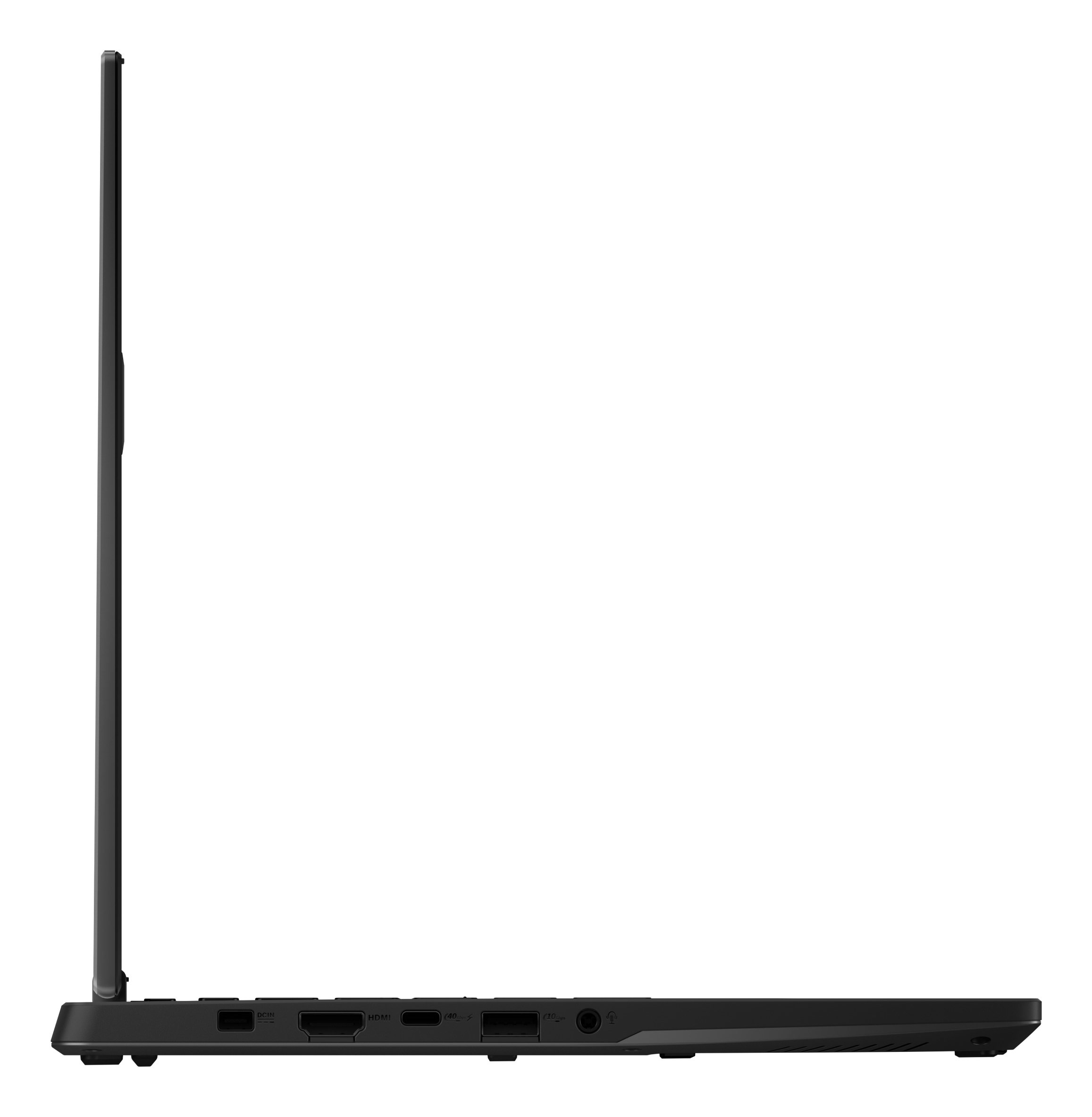 Widok z boku czarnego laptopa. Ekran jest otwarty. Porty są widoczne wzdłuż podstawy.