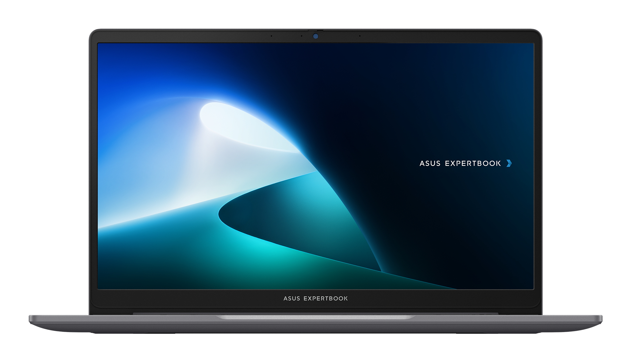 Laptop z niebiesko-białym ekranem wyświetlającym logo Asus Expertbook. Laptop jest szary.