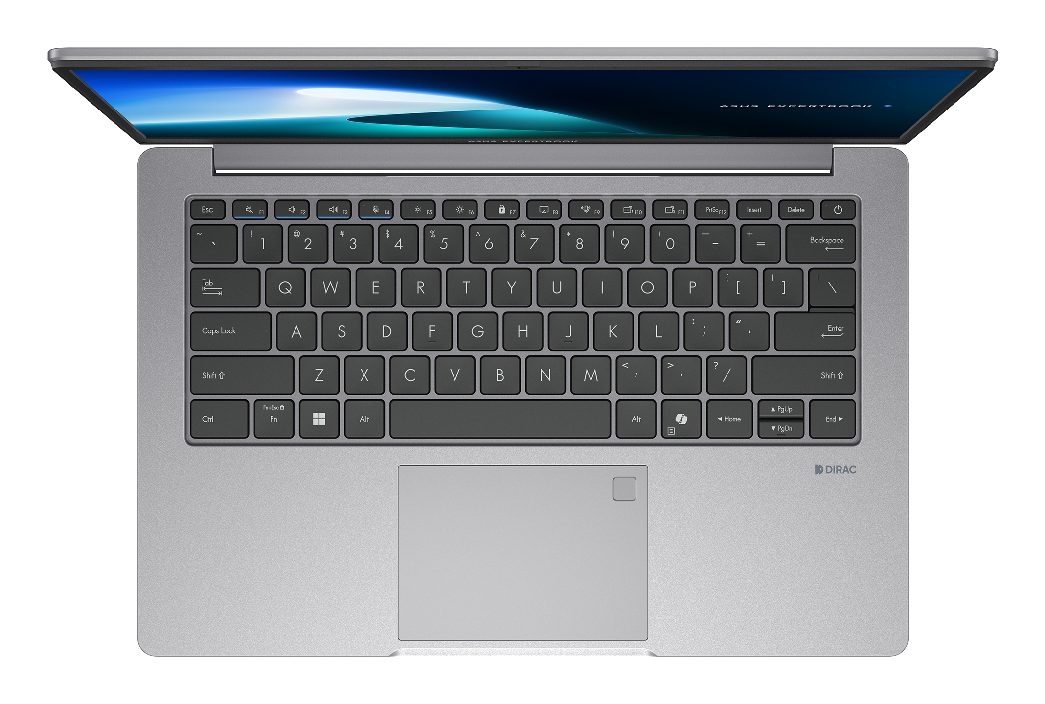 Srebrny laptop z otwartym ekranem, klawiaturą i panelem dotykowym. Ekran wyświetla logo ASUS Expertbook.